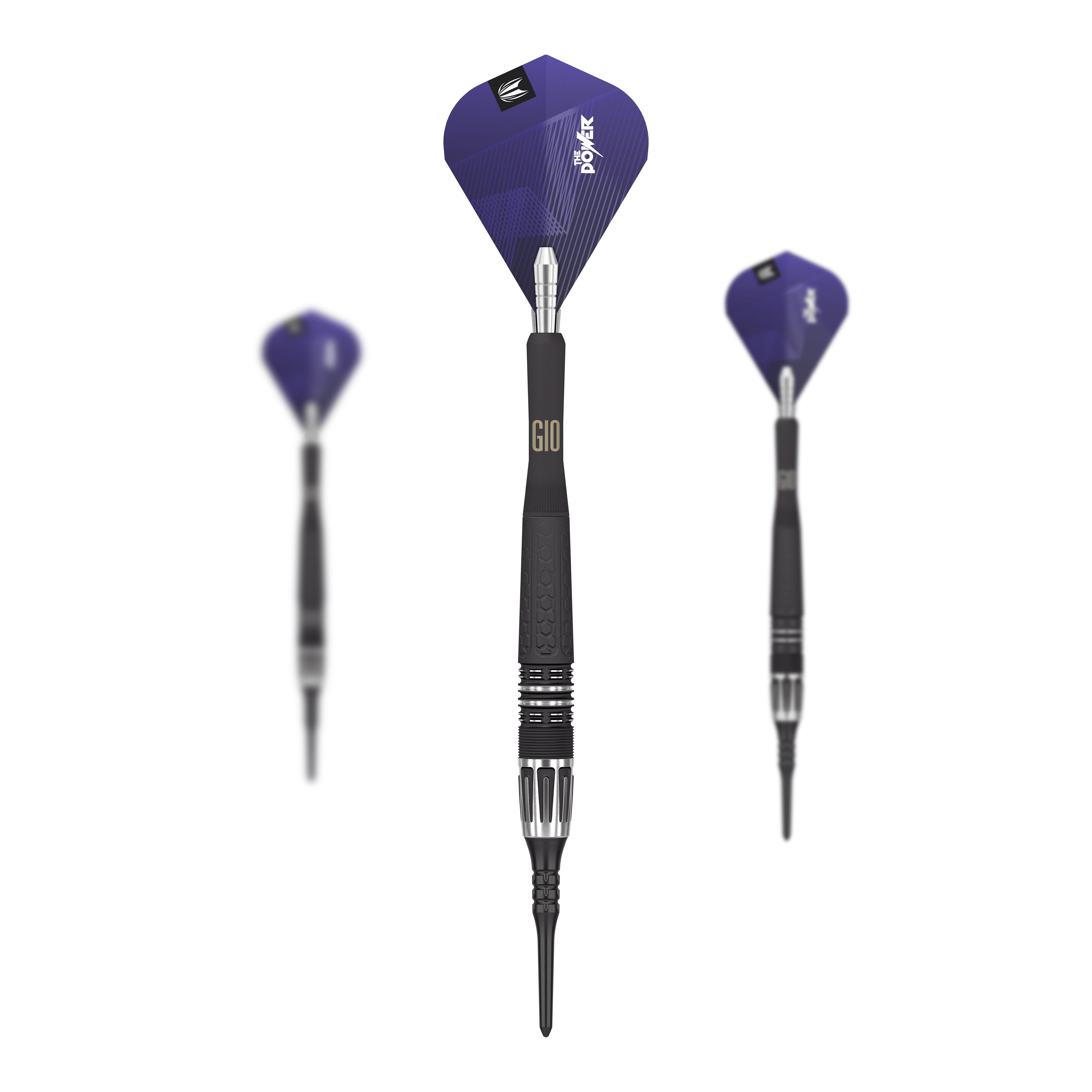 Target Phil Taylor Power 9Five GEN10 soft darts Auf dem Bild sind drei Target Phil Taylor Power 9Five GEN10 Softdarts zu sehen. Die Darts haben schwarze Griffe und blaue Flights mit dem Aufdruck "Power".