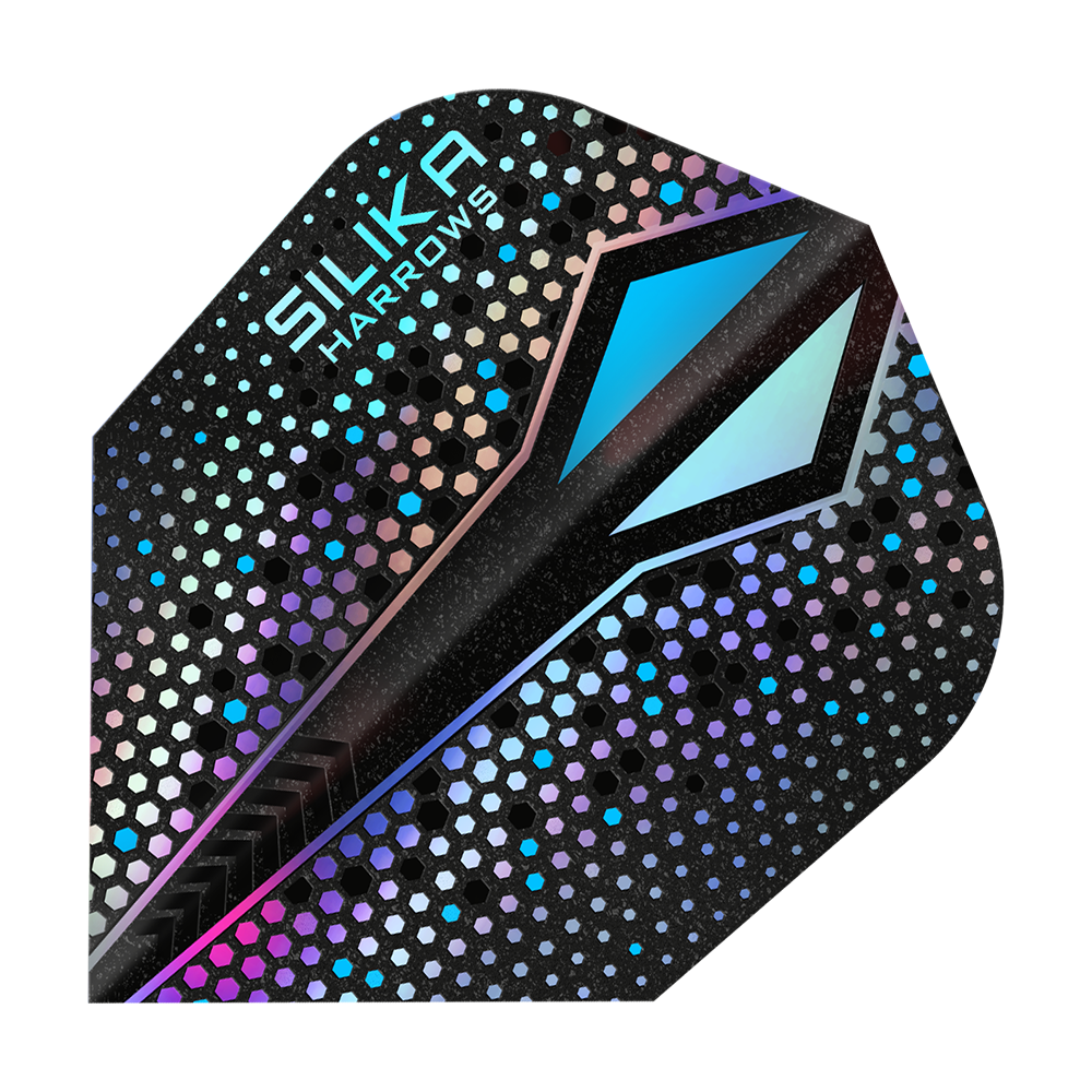 Harrows Silika Colourshift Tough Crystalline Coating Silver-X No6 Flights Das Bild zeigt ein Dart-Flight mit dem Namen "Harrows Silika Colourshift Tough Crystalline Coating Silver-X No6". Das Flight hat ein glänzendes, sechseckiges Muster mit schimmernden Farben und einem markanten blauen Designelement.