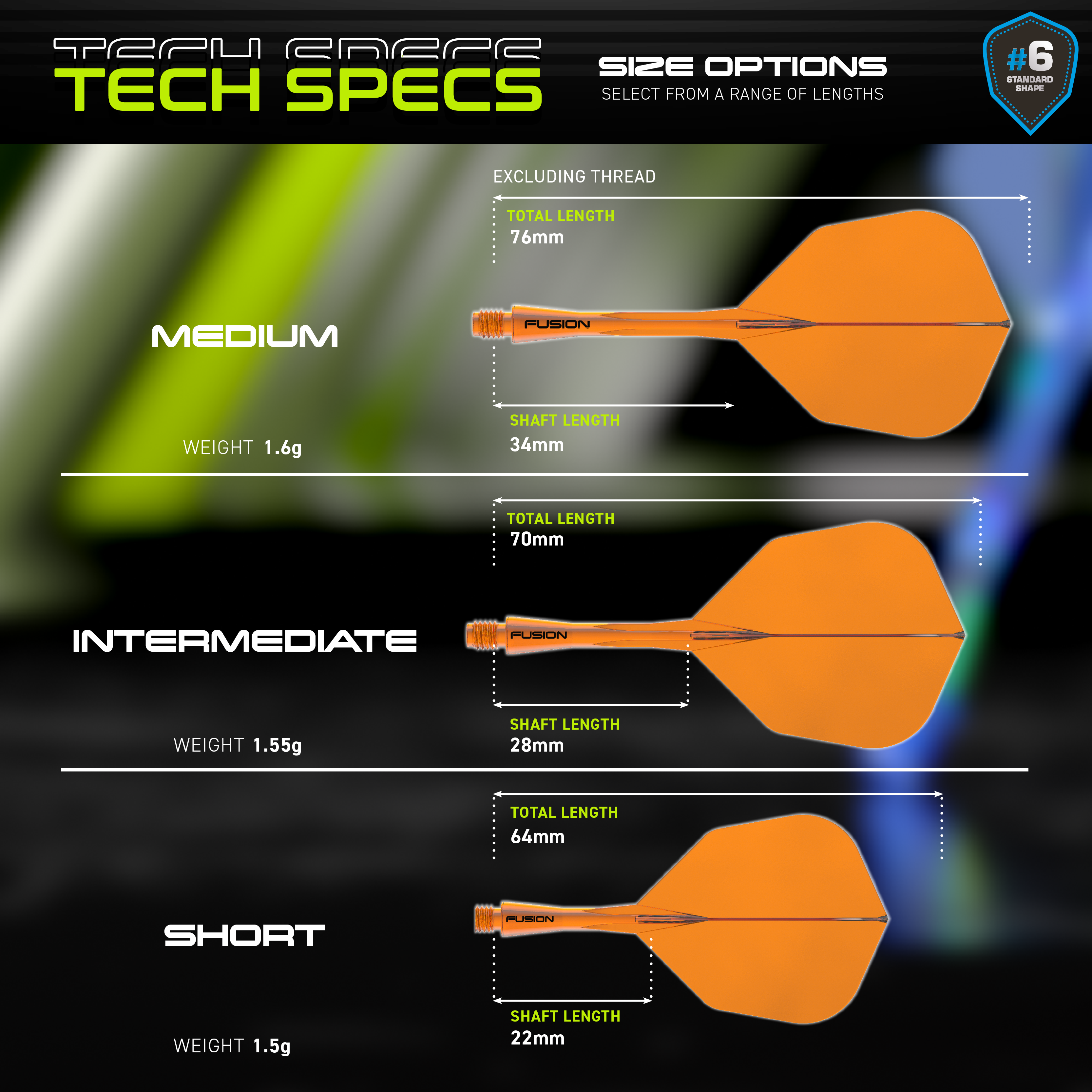 Hier ist das Winmau Fusion Flight-Shaft-System No6 in Neon Orange dargestellt. Das Produkt vereint Flight und Schaft für erhöhte Stabilität im Dartspiel.