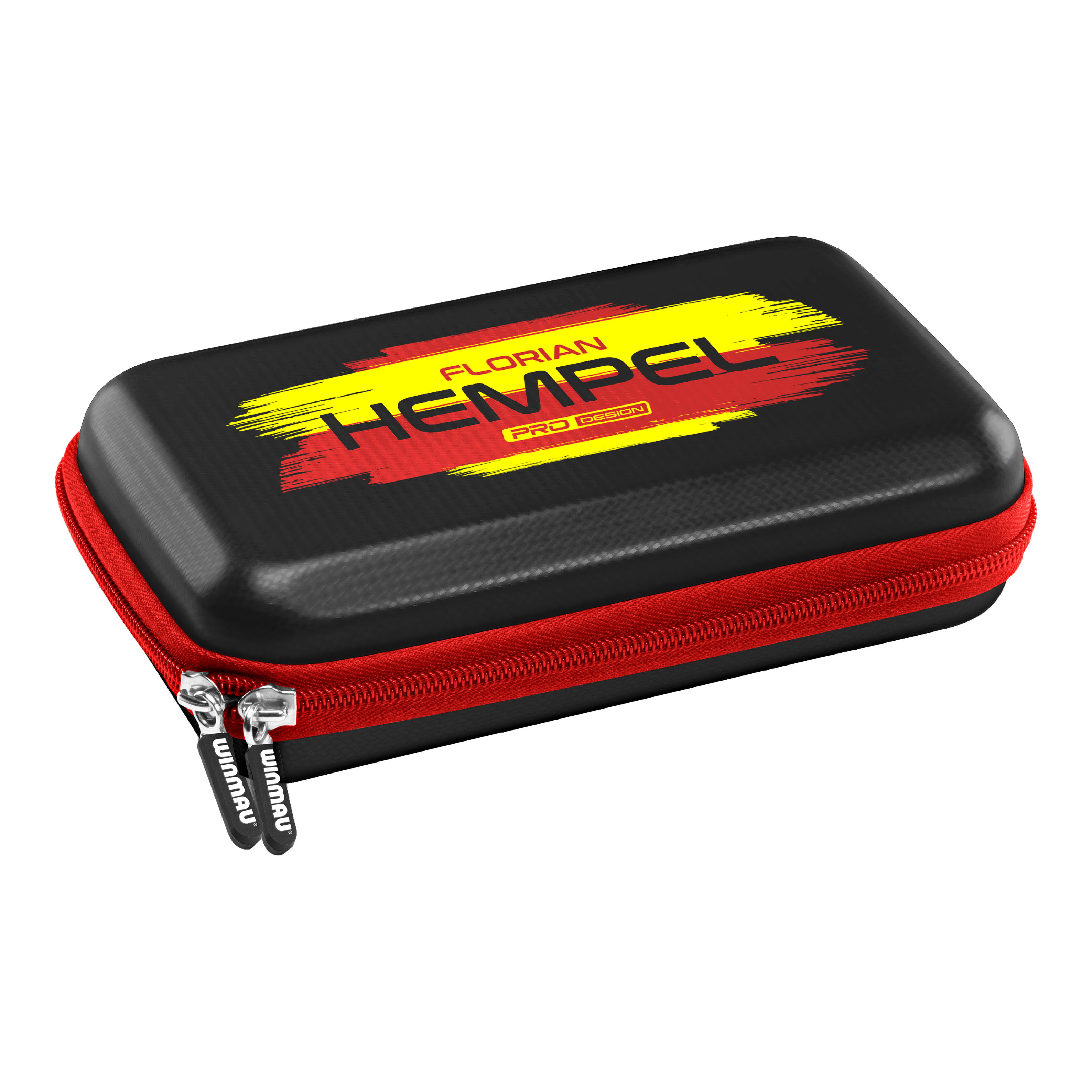Winmau Florian Hempel Tour Edition dart case Das Bild zeigt das Winmau Florian Hempel Tour Edition Dartcase. Das Etui ist schwarz mit einem roten Reißverschluss und einem gelb-roten Aufdruck.