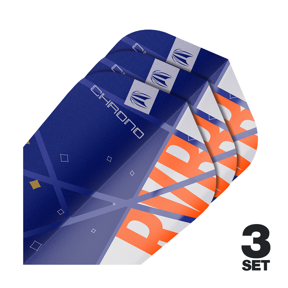 Target Pro Ultra Raymond Van Barneveld Chrono Ten-X Standard Flights - 3 sets Auf dem Bild sind drei Sätze von Target Pro Ultra Raymond Van Barneveld Chrono Ten-X Standard Flights zu sehen. Die Flights sind überwiegend blau mit orangefarbenen und weißen Akzenten gestaltet.