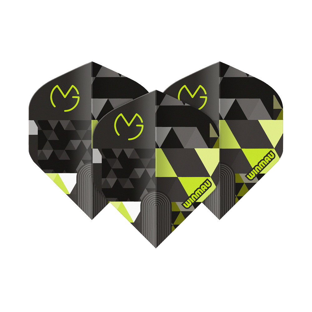 Abgebildet ist Winmau Prism Delta MvG Logo Green No2 Standard Flights. Das Produkt zeigt grüne Dart-Flights mit Logo als Set.