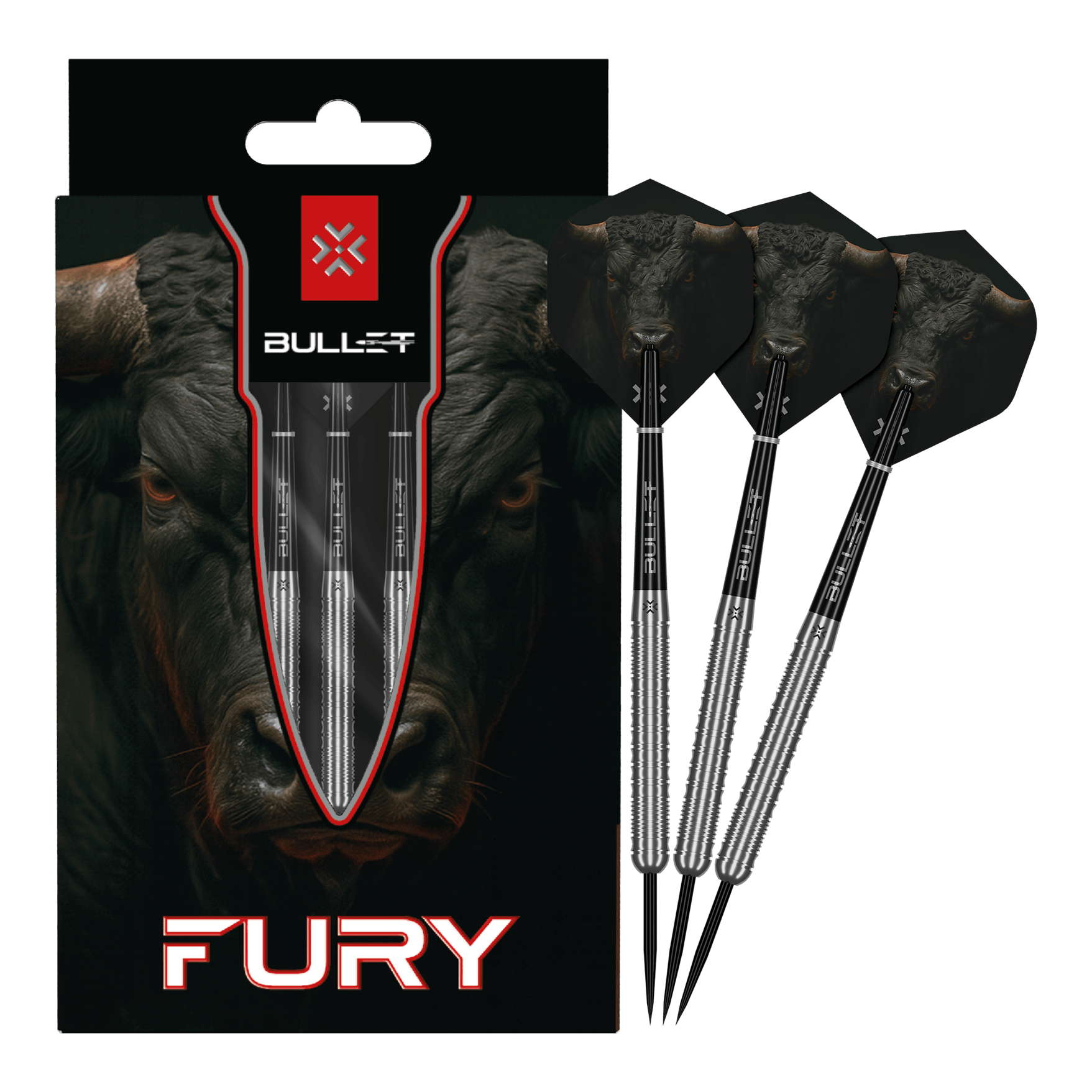 Auf dem Bild sind die Bullet Fury Steel Darts vollständig dargestellt. Das Set ist für Dartbegeisterte geeignet.