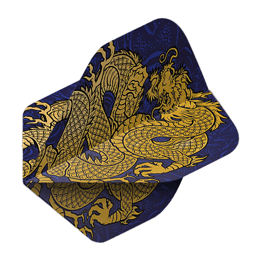 Pentathlon Flights Dragon blue Das Bild zeigt die Pentathlon Dragon 4 Standard Flights. Auf den Flights ist ein goldener Drache auf dunkelblauem Hintergrund abgebildet.