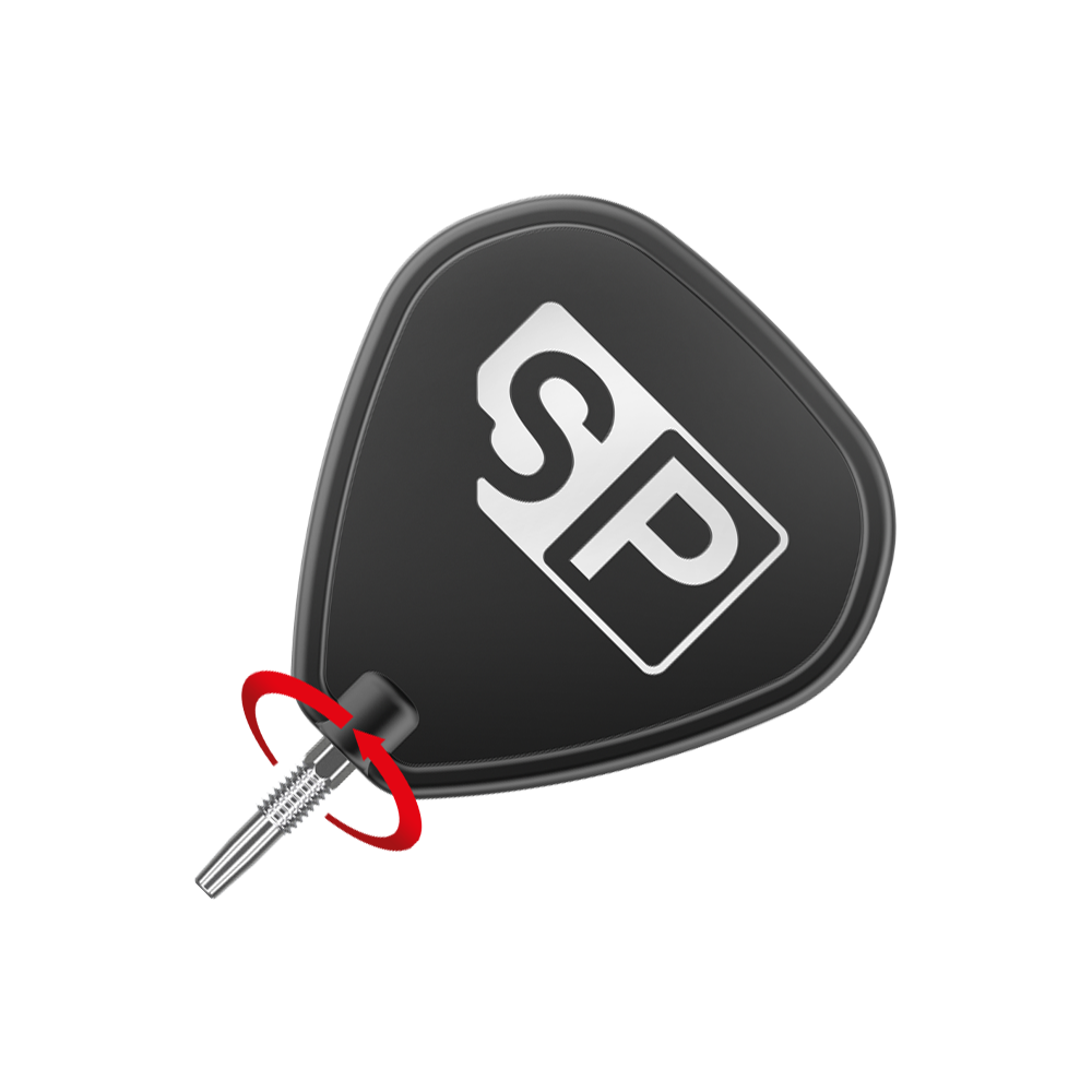 Target Swiss Point Silver dart tips Das Bild zeigt eine silberne Dartspitze, die an einem schwarzen Dartflight mit der Aufschrift "SP" angebracht ist. Ein roter Pfeil deutet darauf hin, dass die Spitze gedreht oder gewechselt werden kann.