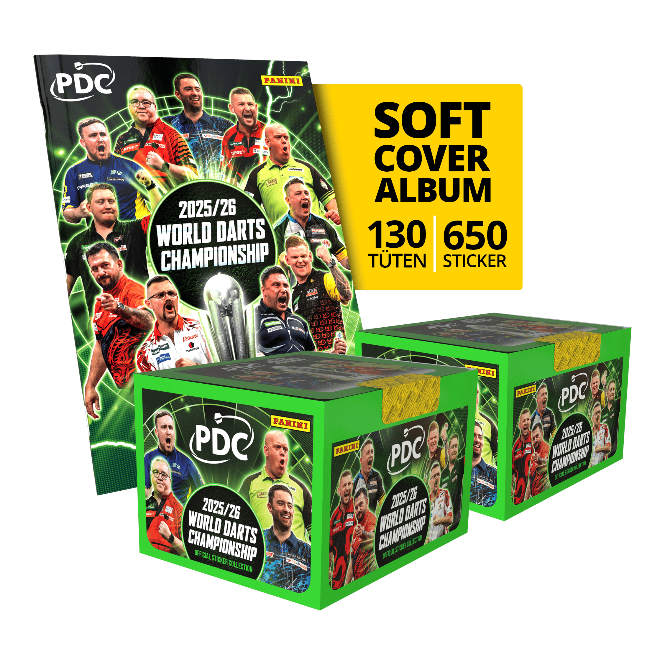 Panini PDC World Darts Championship 2025/26 - Softcover Mega Bundle with two sticker boxes Gezeigt wird das Panini PDC World Darts Championship 2025/26 Softcover Mega Bundle mit zwei Stickerboxen. Das Mega Bundle bietet noch mehr Sticker zum Sammeln und Tauschen.