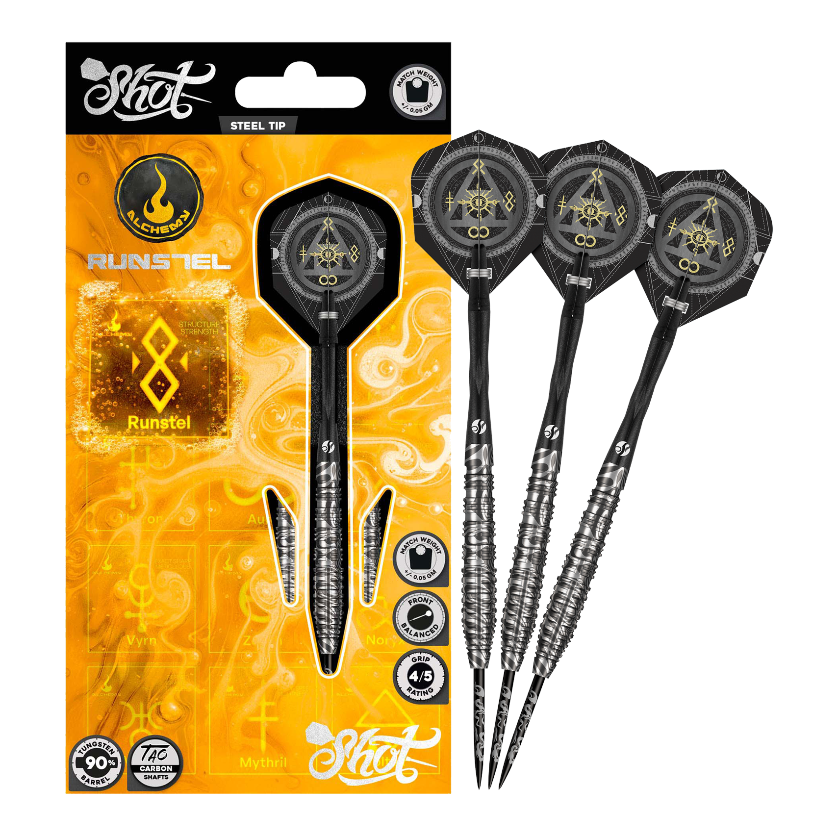 Hier wird das Modell Shot Alchemy Runstel Steeldarts dargestellt. Die Steeldarts sind komplett und aus der Nähe abgebildet.