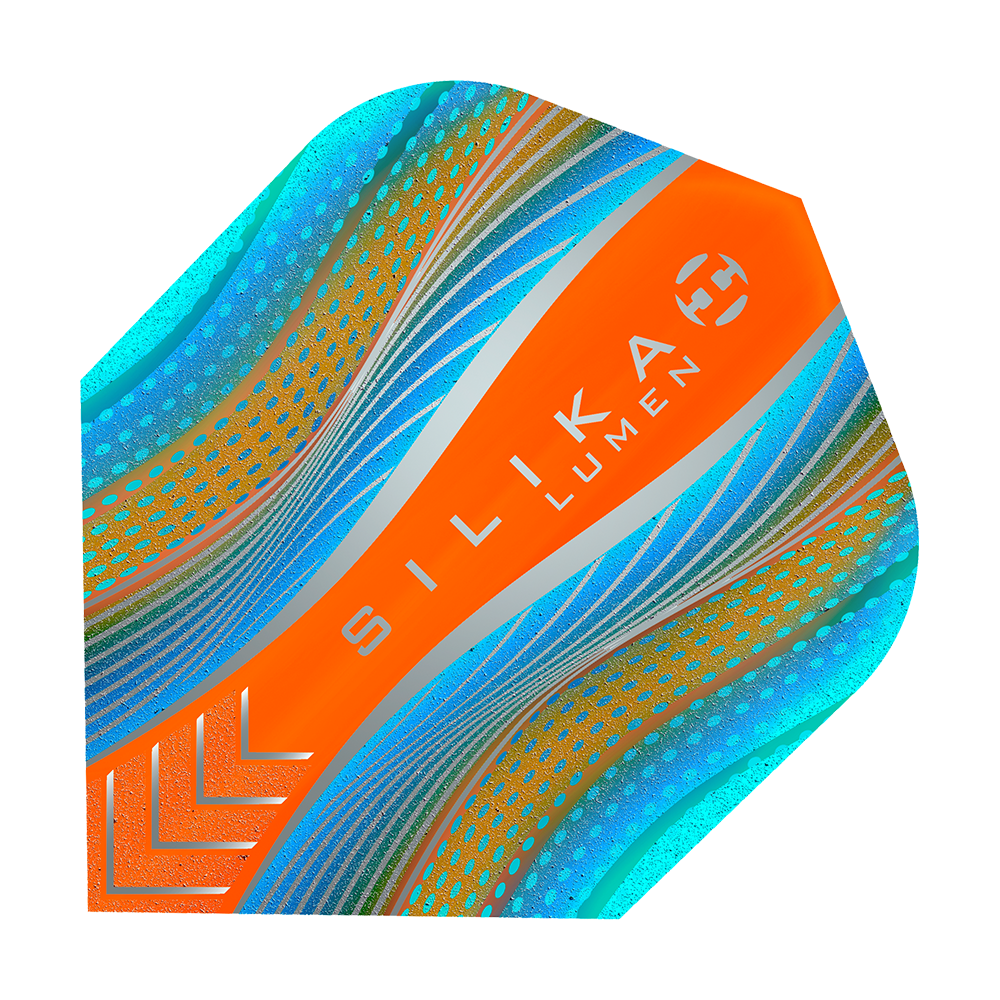 HF5126_Harrows_Silikia_Lumen_Cyan_Orange_No6_Flights_1 Das Bild zeigt ein Dartflight mit dem Namen "Harrows Silika Lumen Cyan Orange No6". Das Flight ist in auffälligen Farben gestaltet, hauptsächlich in Orange, Cyan und Blau mit modernen Mustern.