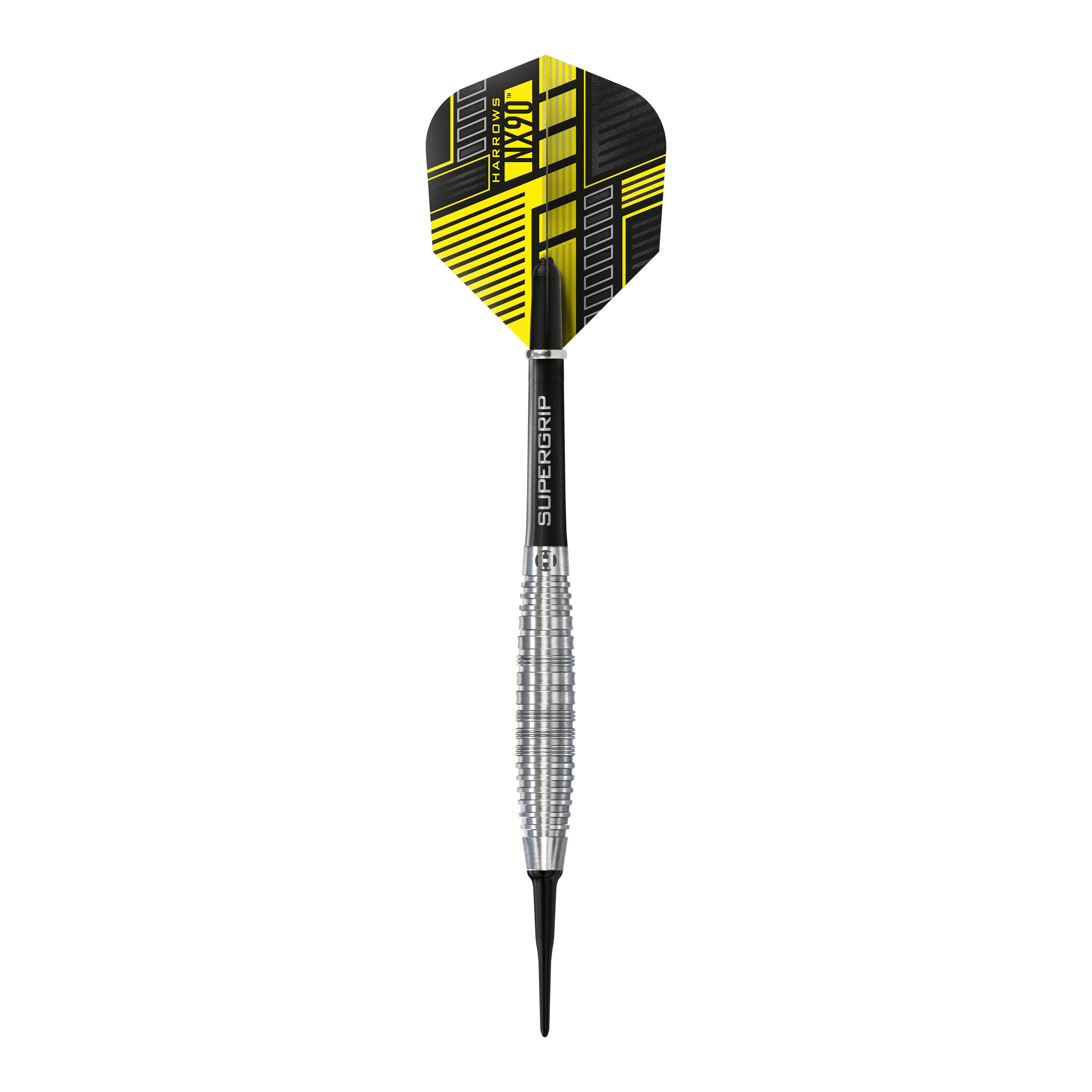 Harrows NX90 Bomb Soft Darts Das Bild zeigt einen Harrows NX90 Bomb Softdart mit einem silbernen, geriffelten Barrel. Die Flight-Feder ist schwarz und gelb gemustert und trägt den Produktnamen.