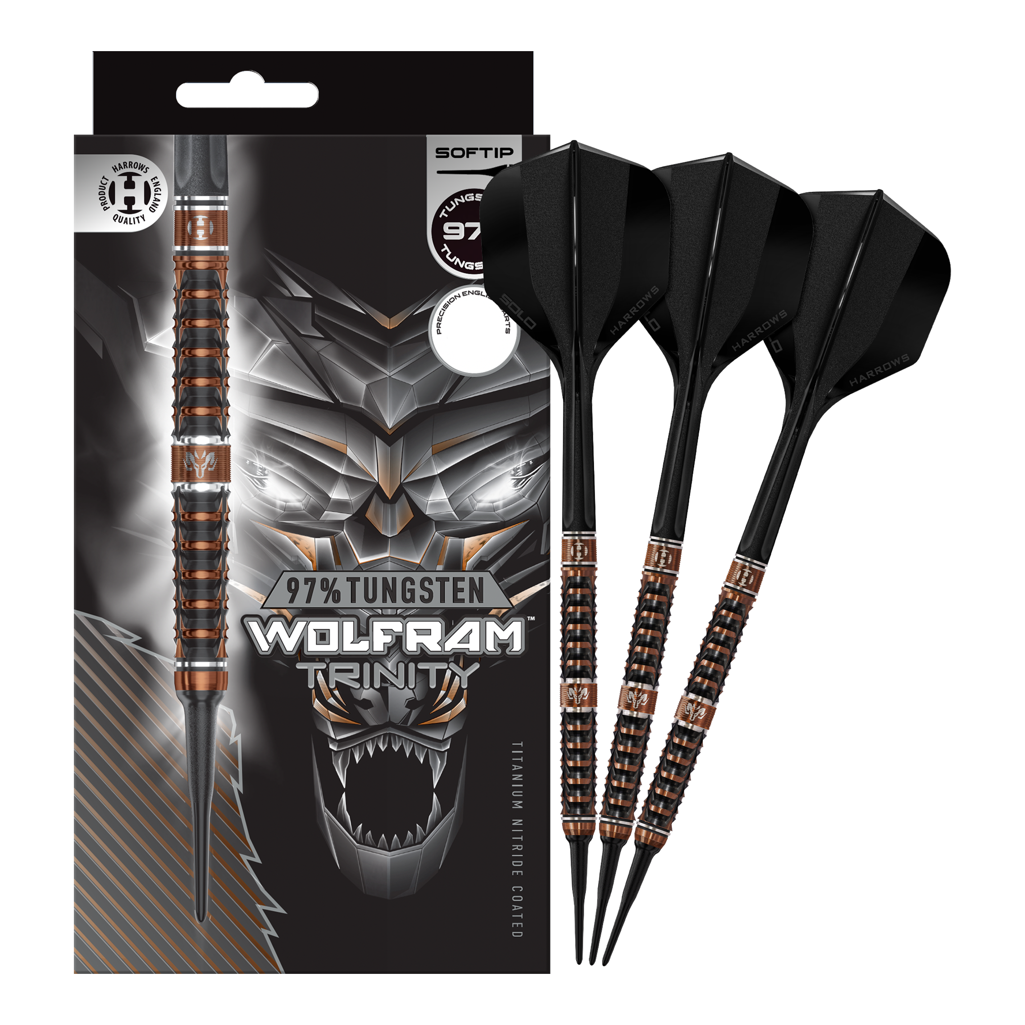 Das Bild zeigt die Harrows Wolfram Trinity Softdarts in voller Ansicht. Die Softdarts sind hochwertig verarbeitet.
