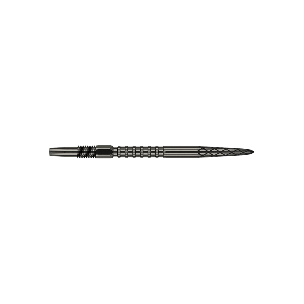 Target Swiss DS Surge Point dart tips - Black Das Bild zeigt eine schwarze Dartspitze mit Rillen und einem strukturierten Muster. Sie ist schmal und lang, typisch für Präzisionsdarts.