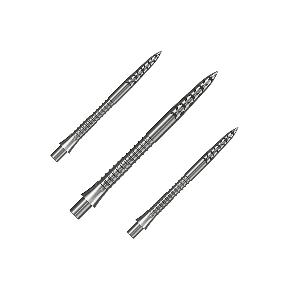 Ein Set silberner Steeldartspitzen ist abgebildet. Die Spitzen sind vermutlich 32 mm lang.