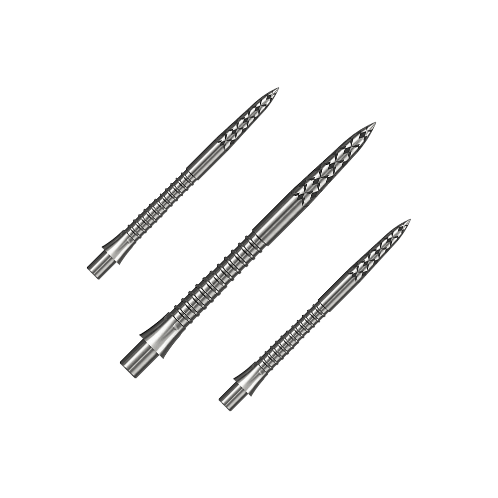 Mission Caliburn EVO dart tips GV logo - silver Ein Set silberner Steeldartspitzen ist abgebildet. Die Spitzen sind vermutlich 32 mm lang.