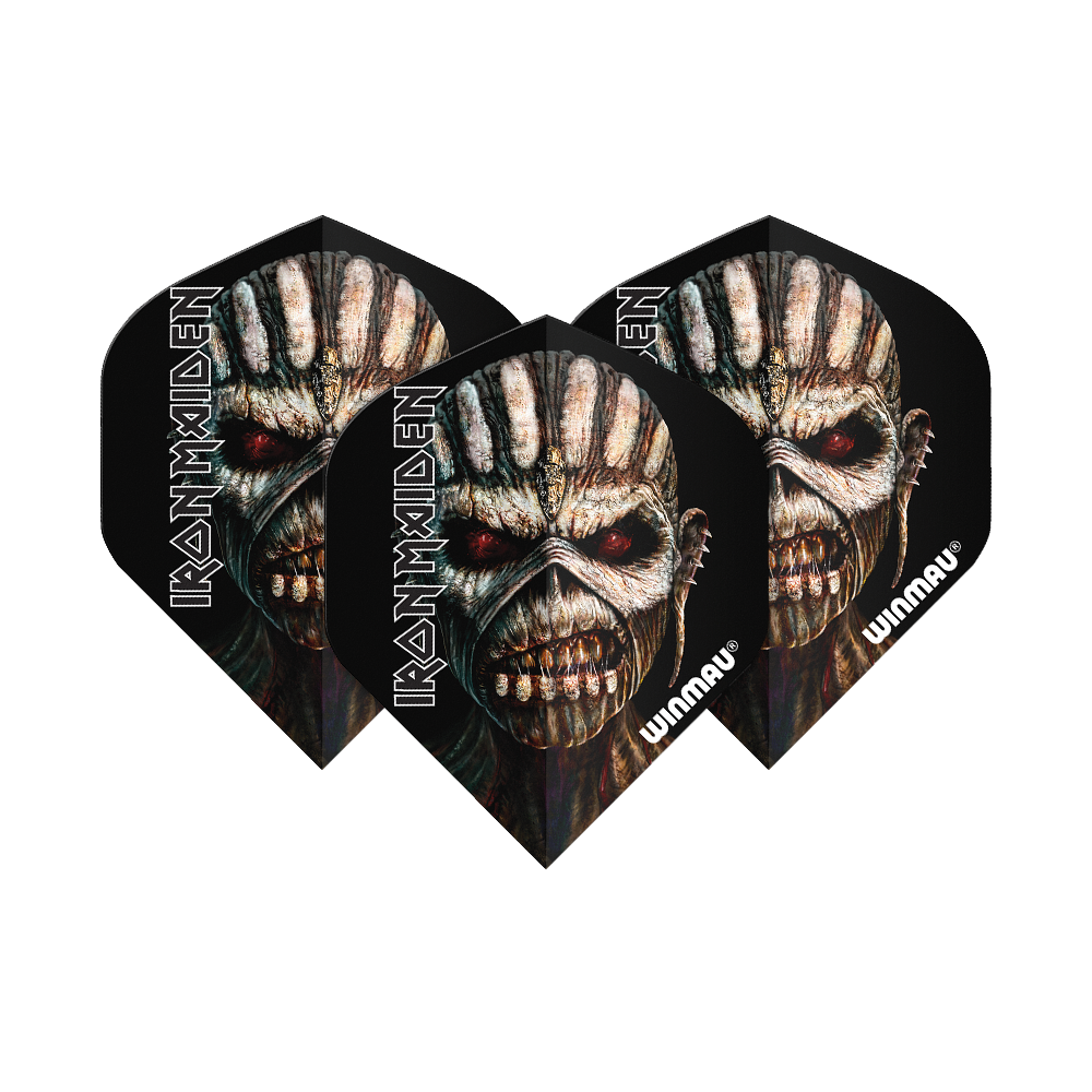 6905-239_Winmau_Iron_Maiden_Book_Of_Souls_Standard_Flights_13UKbaWZY0mb9N Das Bild zeigt drei Dartflights mit einem gruseligen Totenkopf-Design aus dem Buch "Book of Souls" von Iron Maiden. Auf den Flights stehen die Schriftzüge "IRON MAIDEN" und "Winmau".