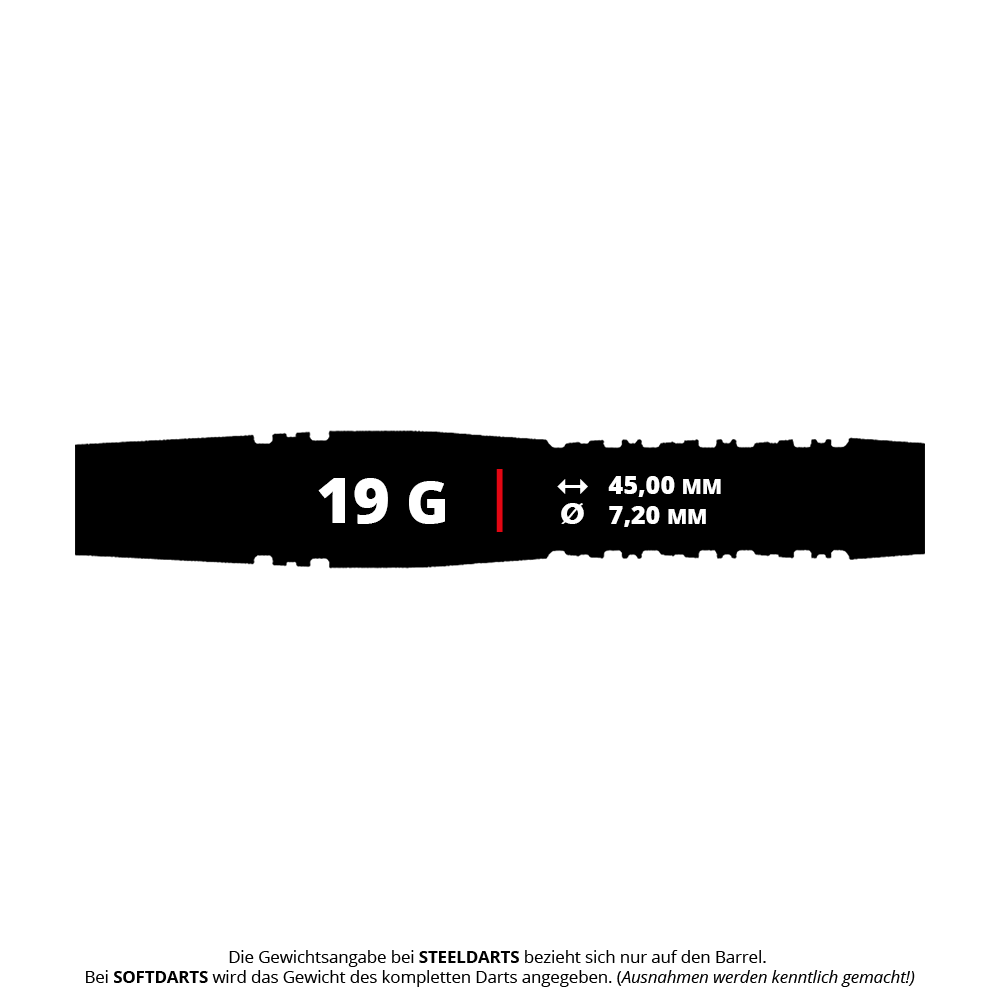 Abgebildet ist der Caliburn Prisma P1 Softdart mit einem Gewicht von 19g. Dieses Produkt ist ein Softdart-Pfeil in moderner Ausführung.