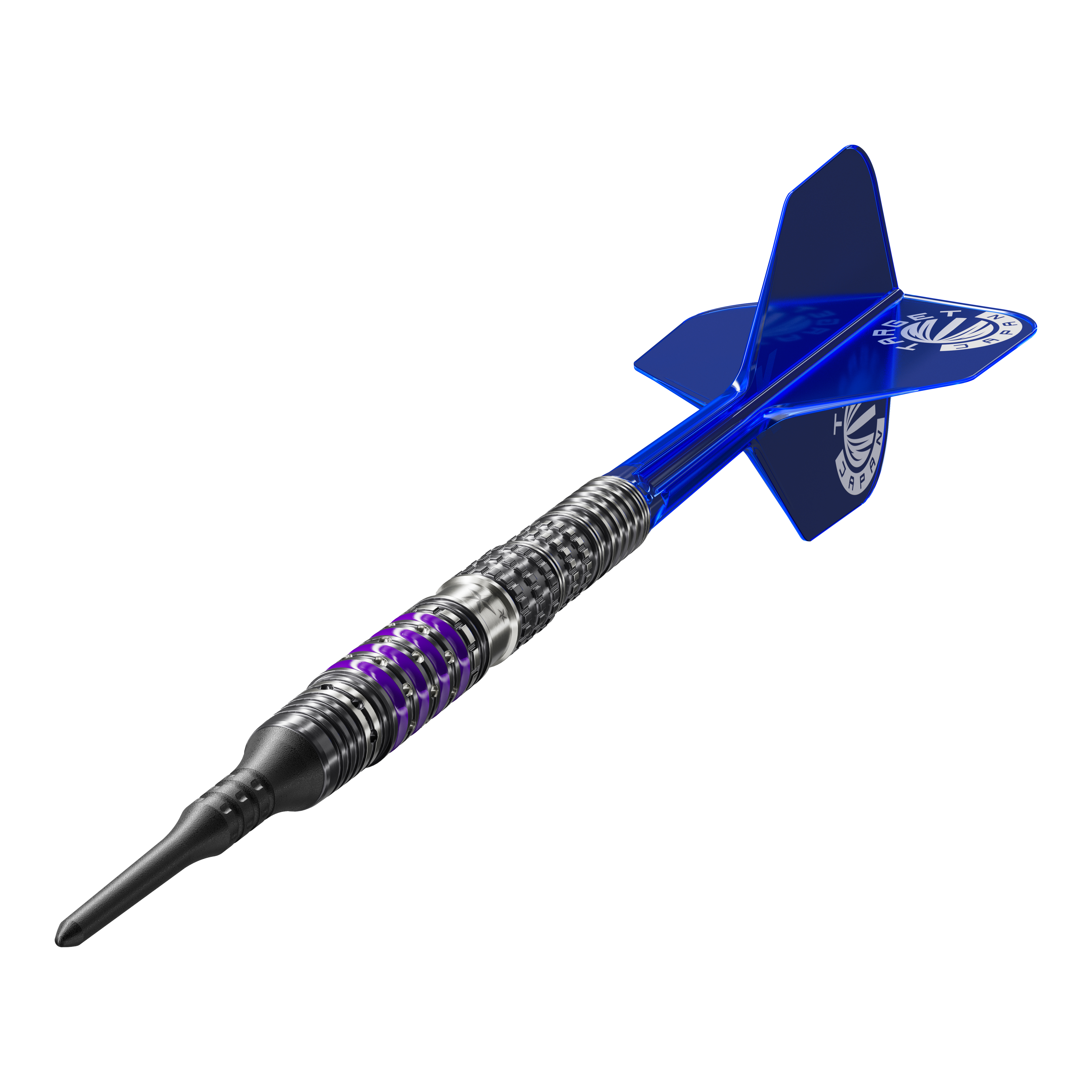Das Bild zeigt einen modernen Softdart aus der Produktreihe „Target Japan Prime Series Sirius GEN4“ mit einem Gewicht von 21,5g. Der Dart hat ein auffälliges, silber-schwarzes Design mit lila Akzenten und blauen Flights.