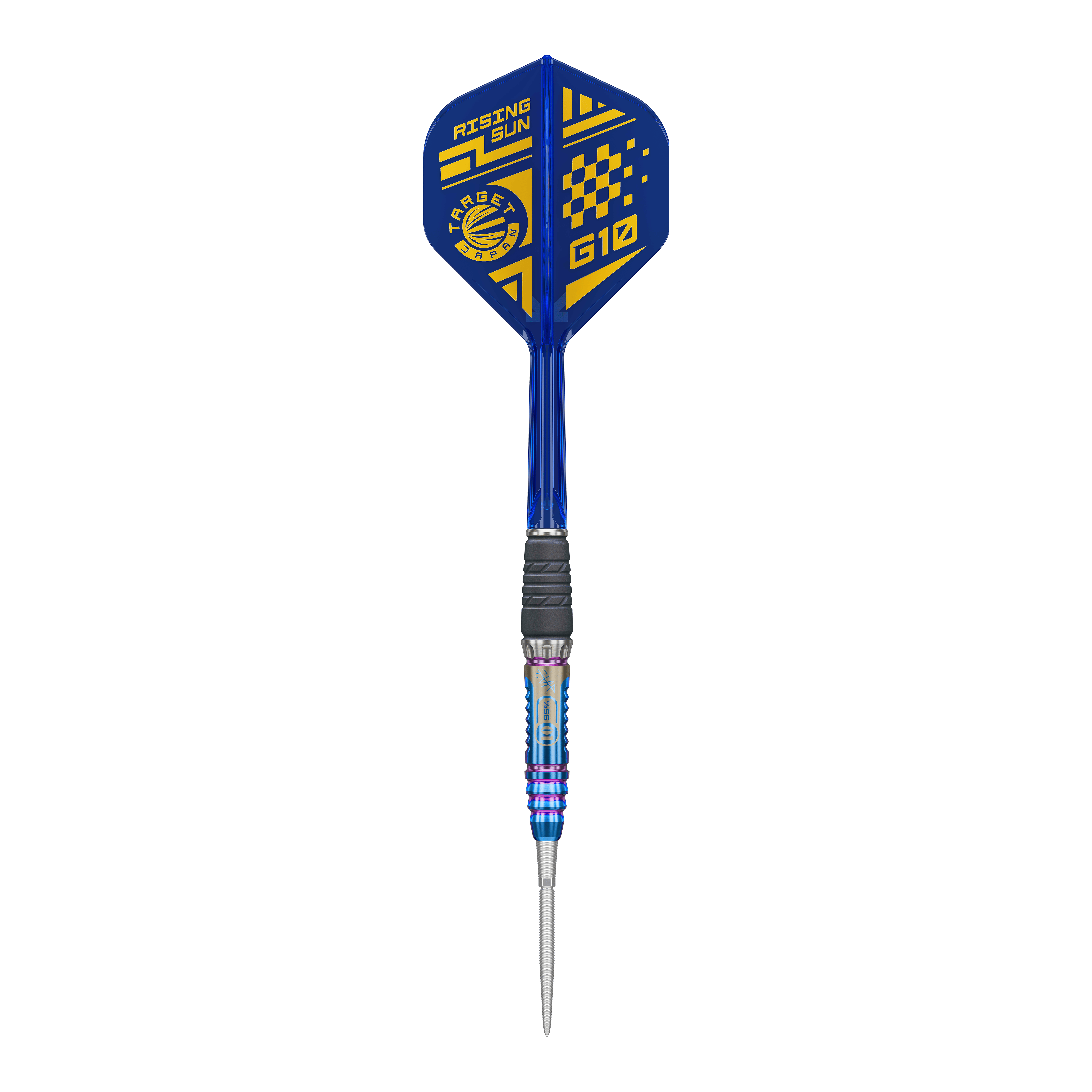 Dies ist ein Bild der Target Japan Rising Sun GEN10 Swiss Point Steeldarts. Drei silberne Darts mit blauen Highlights sind zu sehen.