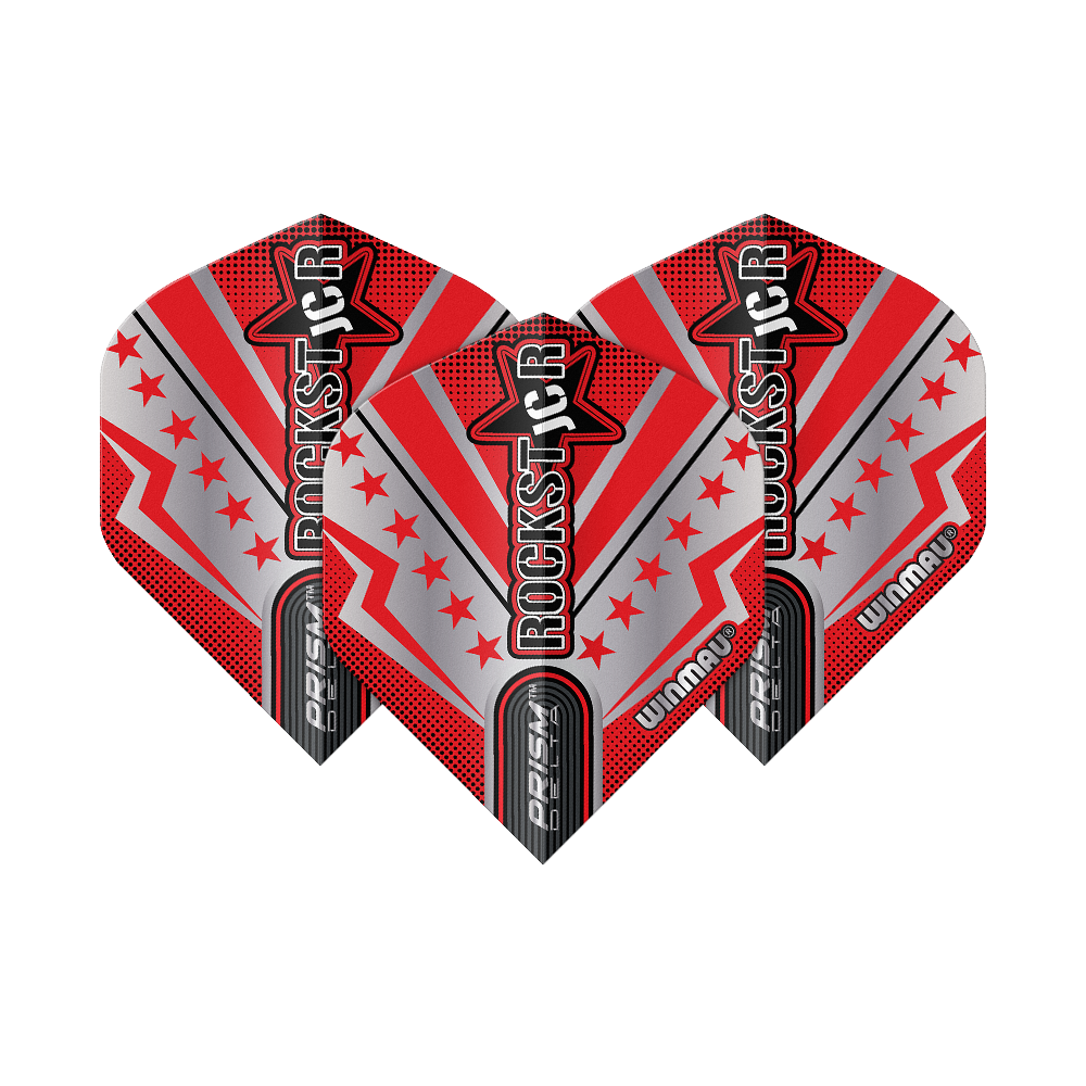 Winmau Prism Delta Joe Cullen Rockstar Series No2 Standard Flights Das Bild zeigt drei Dart-Flights der Serie "Winmau Prism Delta Joe Cullen Rockstar No2". Die Flights sind in rot, silber und schwarz gestaltet und tragen die Aufschrift "ROCKSTAR".