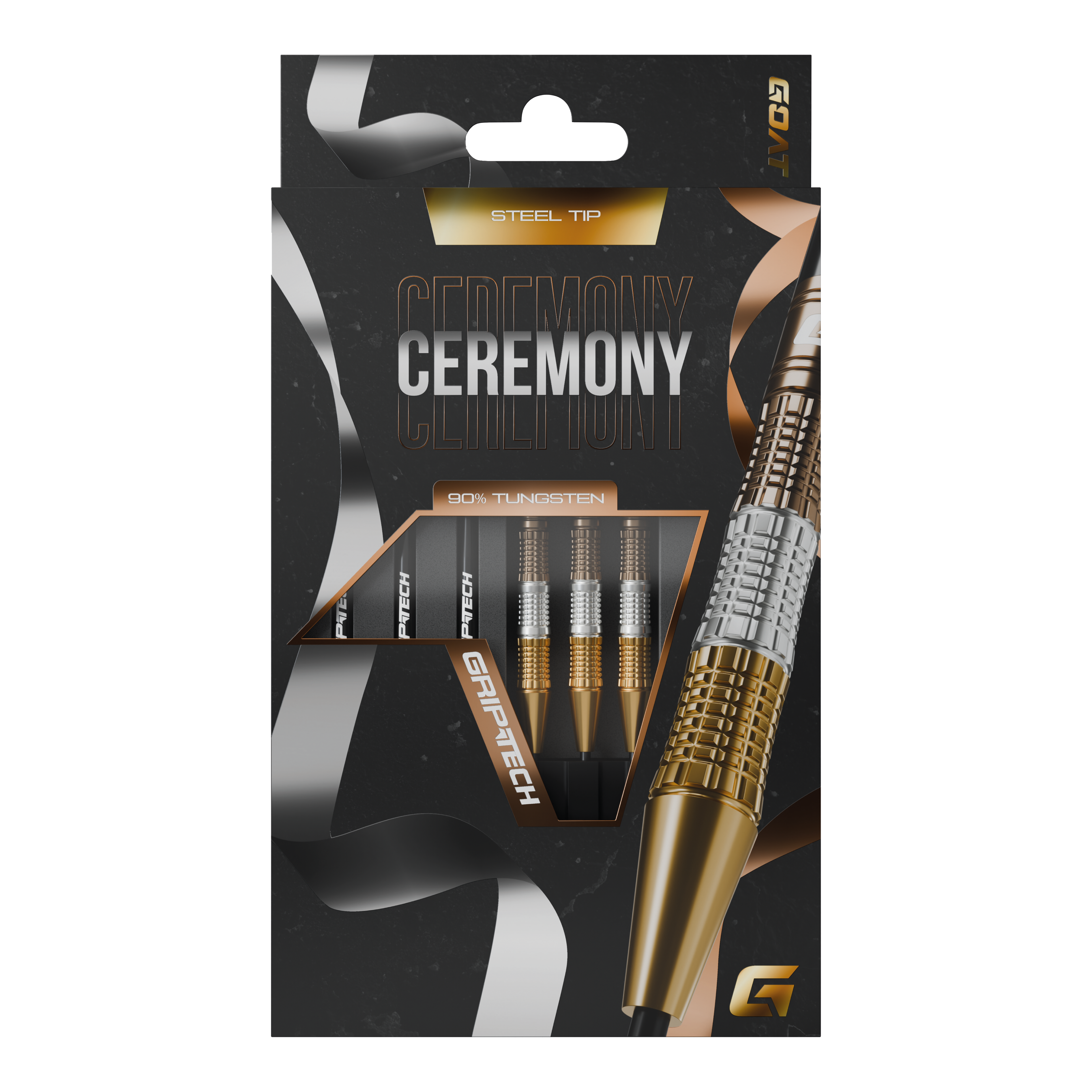 Die Abbildung zeigt eine Packung „GOAT Ceremony Tungsten Steeldarts“. Die Verpackung hebt die Eigenschaften wie 90% Tungsten und Grip-Tech besonders hervor.