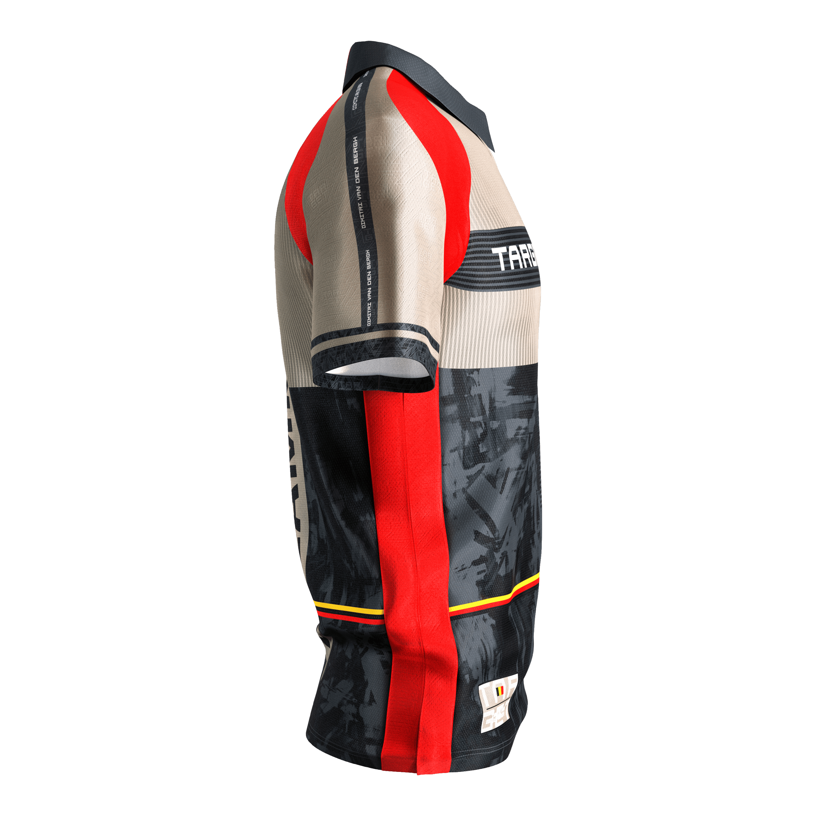 Target Coolplay Dimitri Van Den Bergh 2025 dart shirt Das Bild zeigt das "Target Coolplay Dimitri Van Den Bergh 2025 Dartshirt". Das Shirt ist in Beige, Schwarz, Rot und Gelb gestaltet und hat sportliche Designelemente.