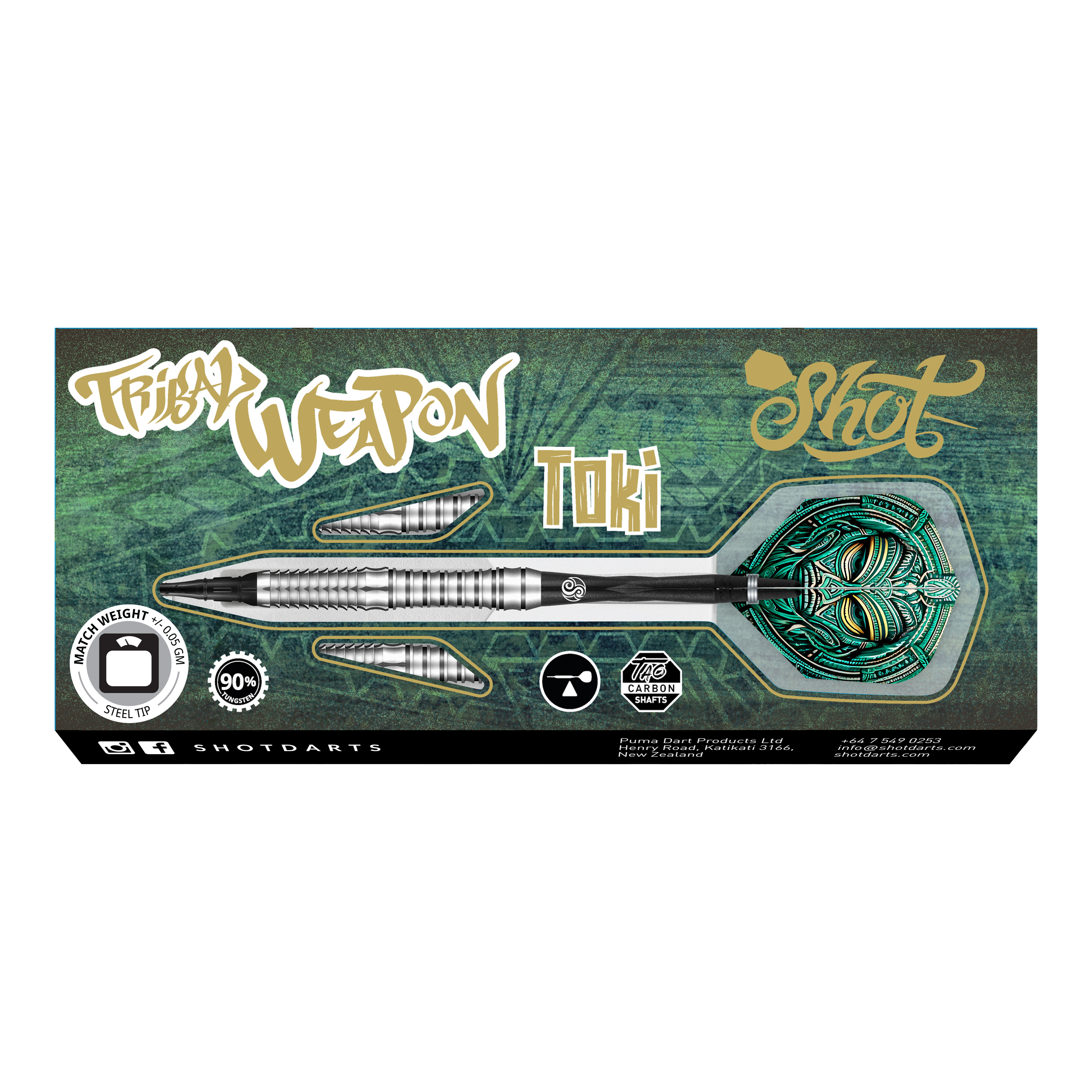 Das Bild zeigt die Verpackung der "Shot Tribal Weapon Toki Softdarts". Auf der Verpackung sind ein silberner Dartpfeil mit grünem Flight und verschiedene Beschriftungen abgebildet.