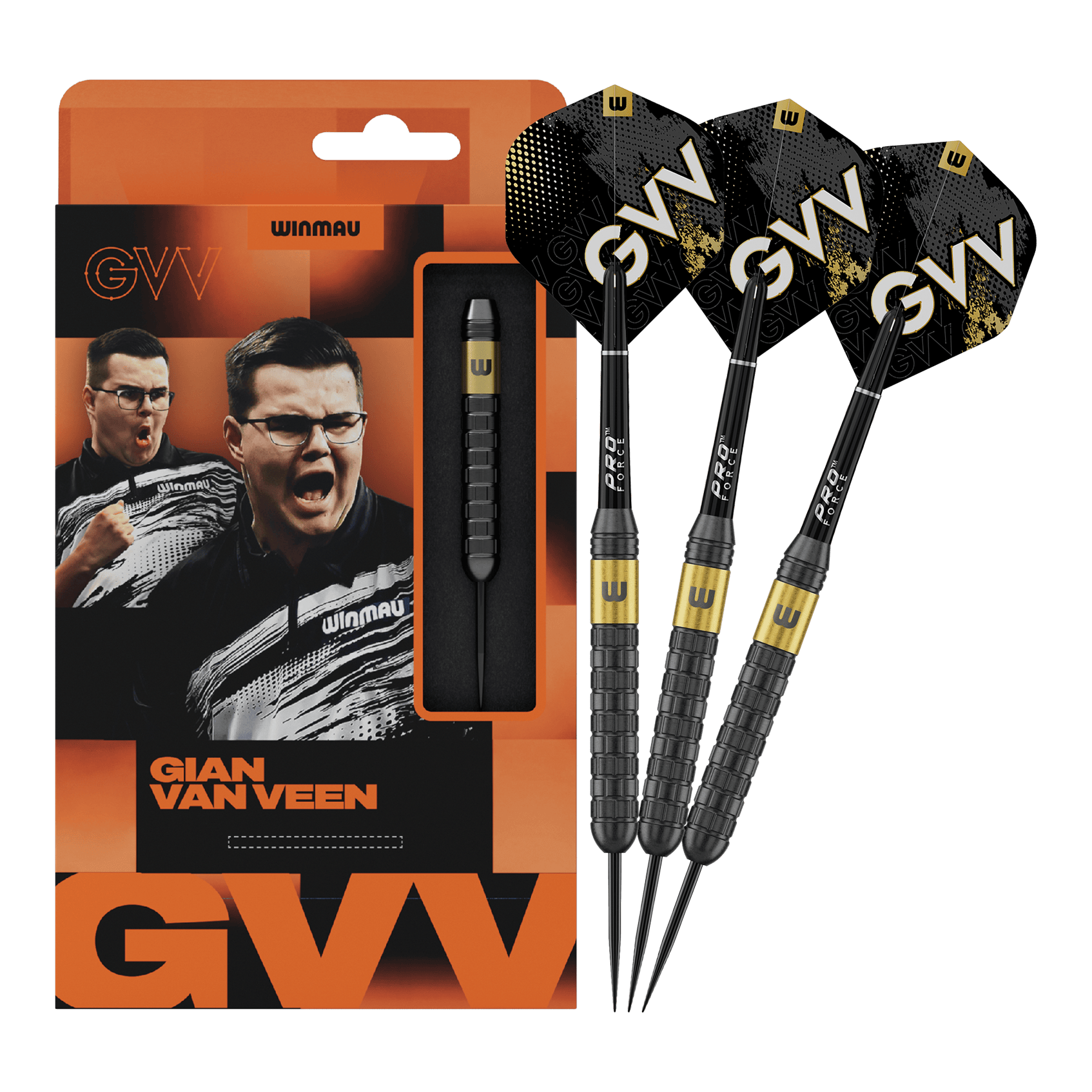 Auf diesem Bild sieht man Winmau Gian Van Veen Core Brass Steeldarts mit 21 Gramm. Die Dartpfeile liegen nebeneinander und sind gut erkennbar.