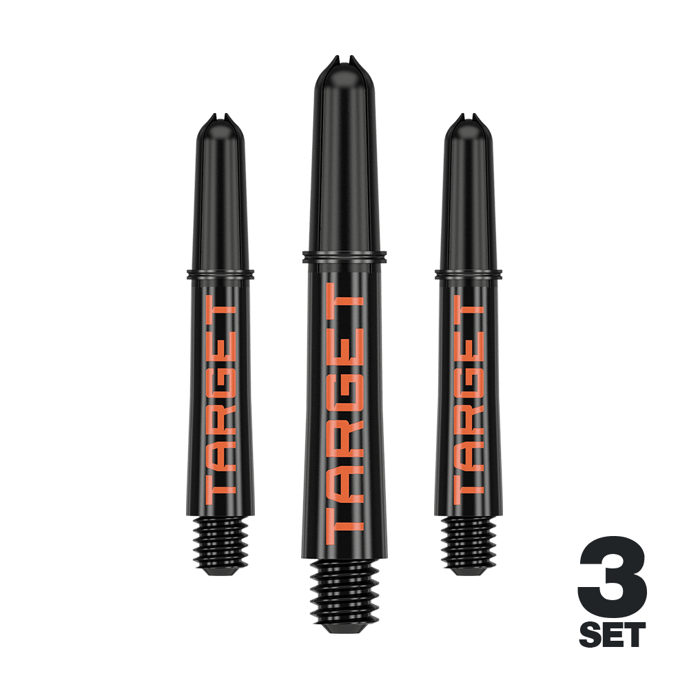 Target Pro Grip TAG Shafts - 3 Sets - Black Orange Auf dem Bild sind drei schwarze Dartschäfte mit orangener "TARGET"-Aufschrift zu sehen. Unten rechts steht "3 SET", was darauf hinweist, dass es sich um ein Set aus drei Stück handelt.