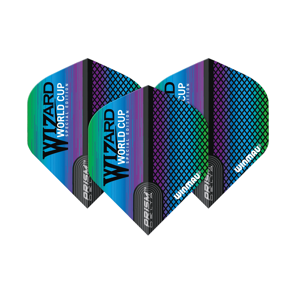 6915-253_Winmau_Prism_Delta_Wizard_Rainbow_Standard_Flights_1Qn9CGLWyzGwax Das Bild zeigt drei bunte Dart-Flights mit dem Aufdruck „WIZARD WORLD CUP SPECIAL EDITION“. Die Flights sind von der Marke Winmau und gehören zur Prism Delta Wizard Rainbow Standard Serie.