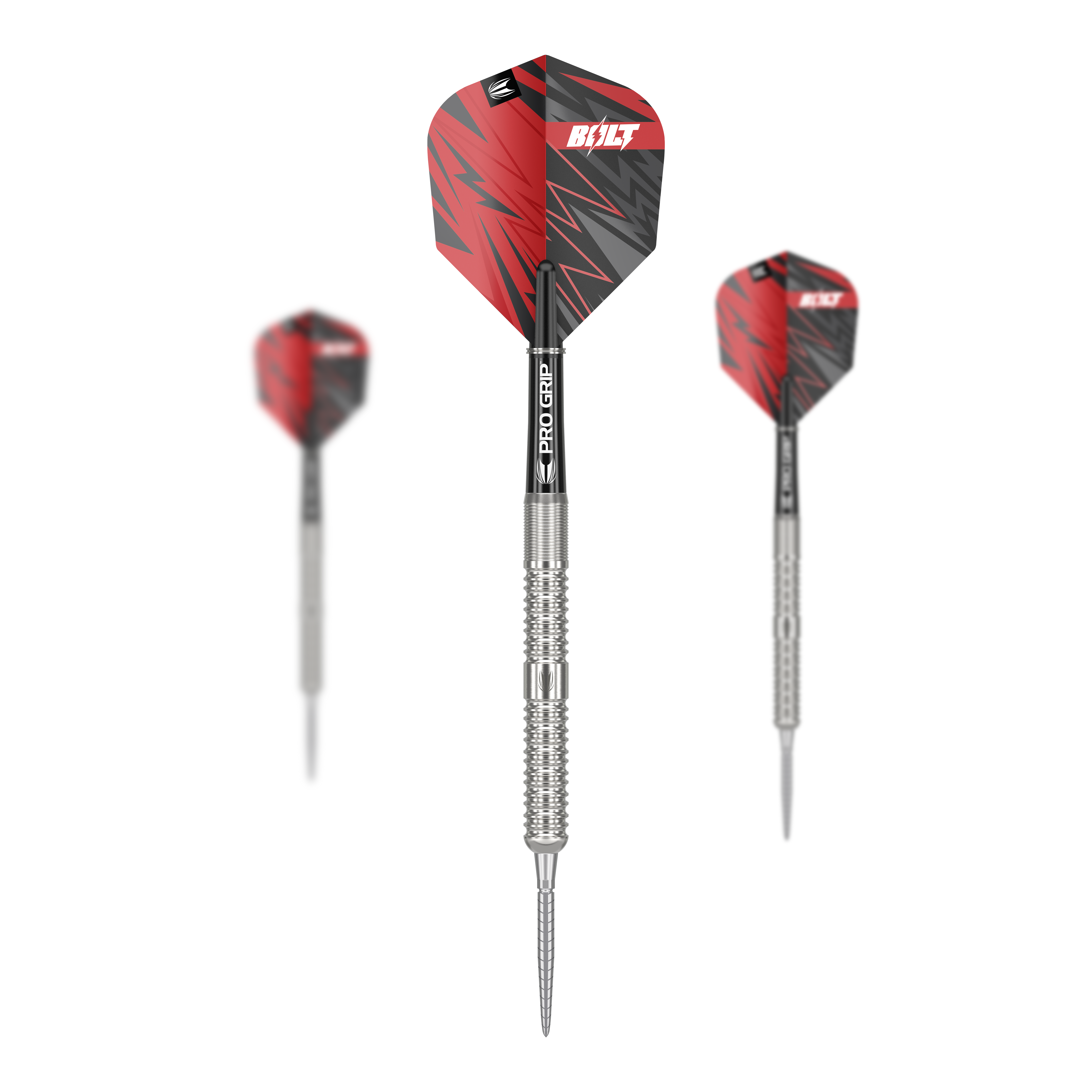 Target Sebastian Bialecki GEN1 Swiss Point Steeldarts - 22g Das Bild zeigt drei Steeldarts des Modells "Target Sebastian Bialecki GEN1 Swiss Point" mit einem Gewicht von 22g. Die Darts haben silberne Spitzen und Schäfte mit roten und schwarzen Flights.