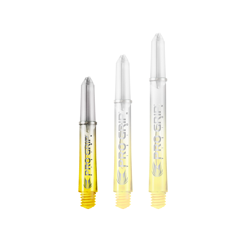 Target Pro Grip Vision Shafts - 3 Sets - Yellow Auf dem Bild sind drei durchsichtige Dartschäfte mit gelbem Ende abgebildet. Auf den Schäften steht "PRO GRIP VISION" und sie sind unterschiedlich lang.