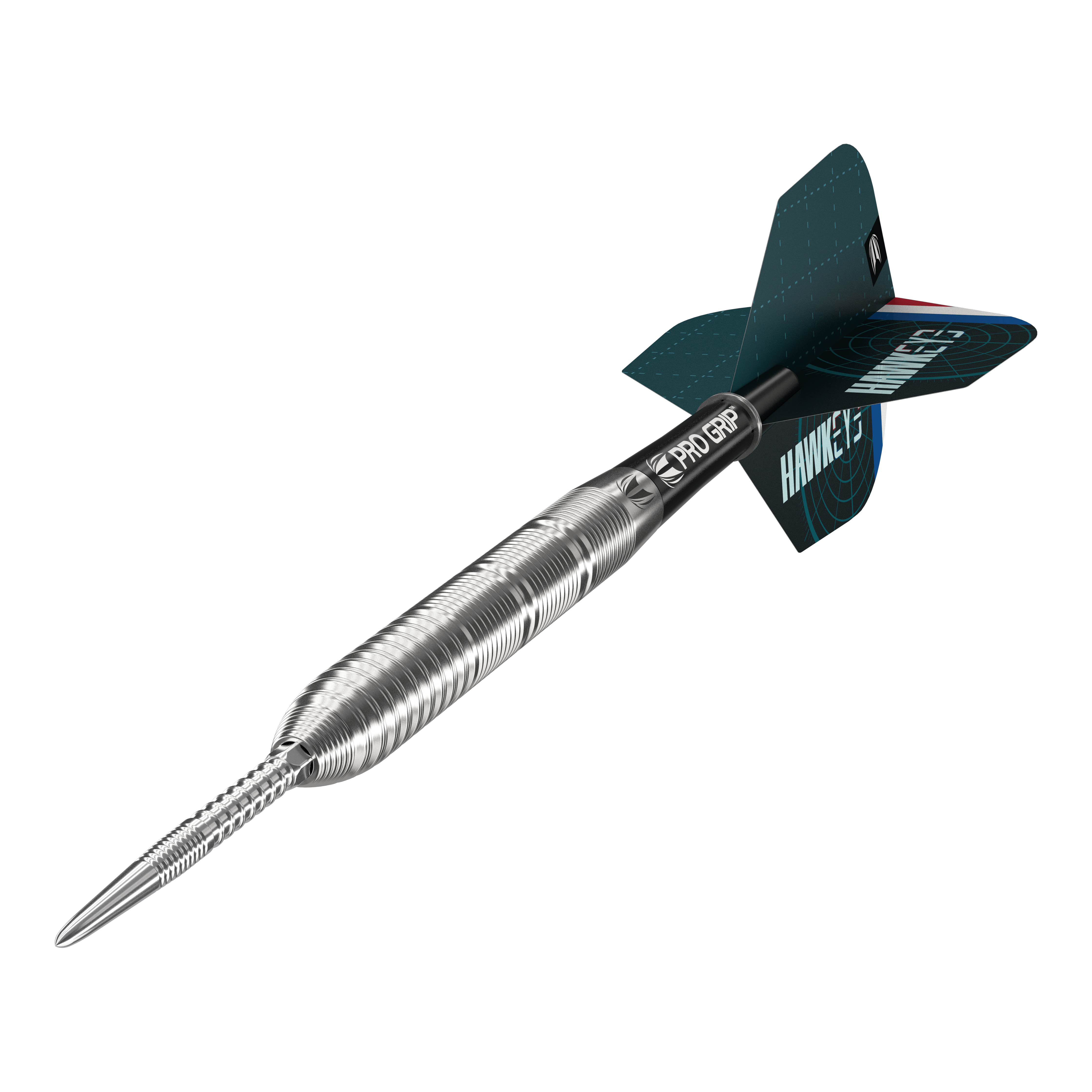 Target Kevin Doets GEN1 Swiss Point Steeldarts - 23g Das Bild zeigt einen Target Kevin Doets GEN1 Swiss Point Steeldart mit 23g Gewicht. Der Dartpfeil hat einen silbernen, geriffelten Barrel und moderne Flights in Blau und Schwarz.