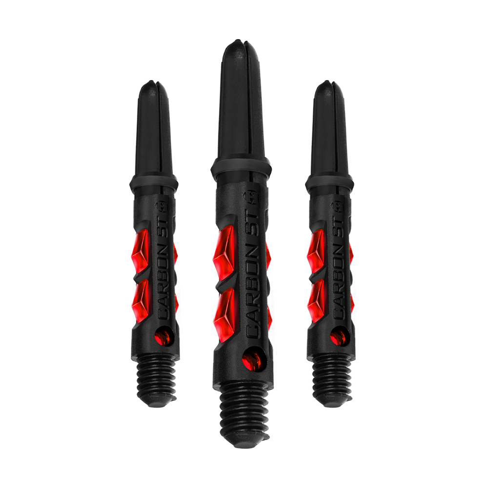 HR431_Harrows_Carbon_ST_Shafts_Rot_33mm_1 Das Bild zeigt drei schwarze Harrows Carbon ST Shafts mit roten Akzenten. Die Schäfte sind für Dartpfeile gedacht und haben ein modernes, stylisches Design.