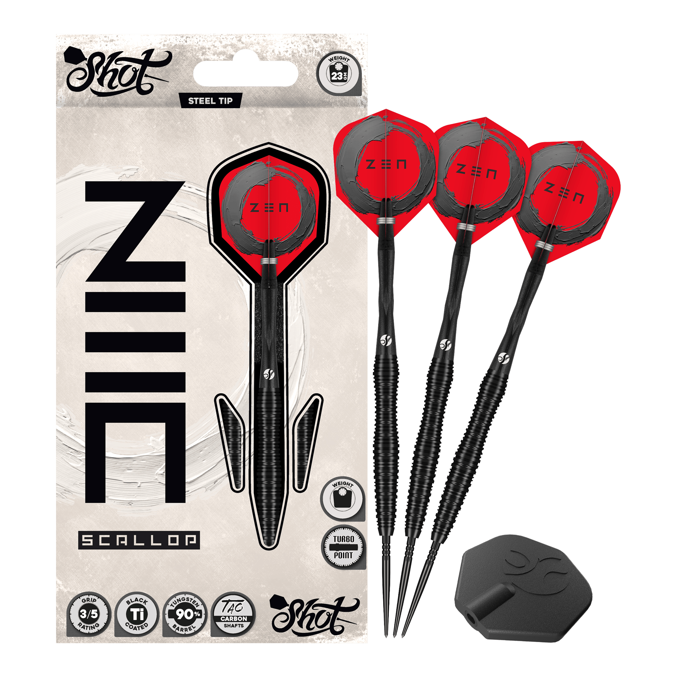 Shot ZEN Scallop Turbo Point Steeldarts - 23g Das Foto präsentiert die Shot ZEN Scallop Turbo Point Steeldarts - 23g in Gesamtansicht. Sie verbinden modernes Design mit hoher Treffsicherheit.