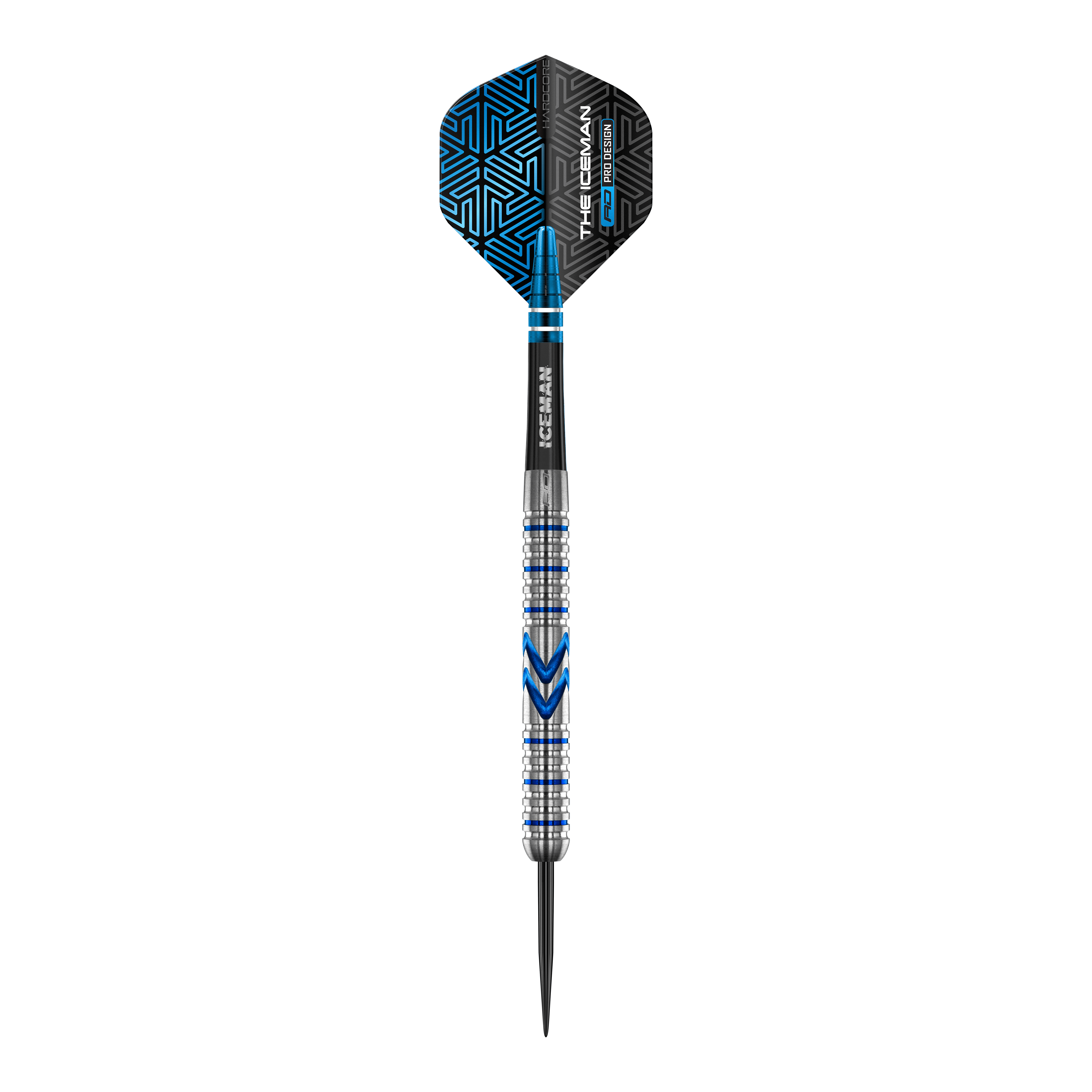 Red Dragon Gerwyn Price Iceman Midnight Edition steel darts Das Bild zeigt einen Steeldart aus der Serie "Red Dragon Gerwyn Price Iceman Midnight Edition". Der Dart hat ein silbernes und blaues Design mit schwarzen Akzenten auf dem Flight.