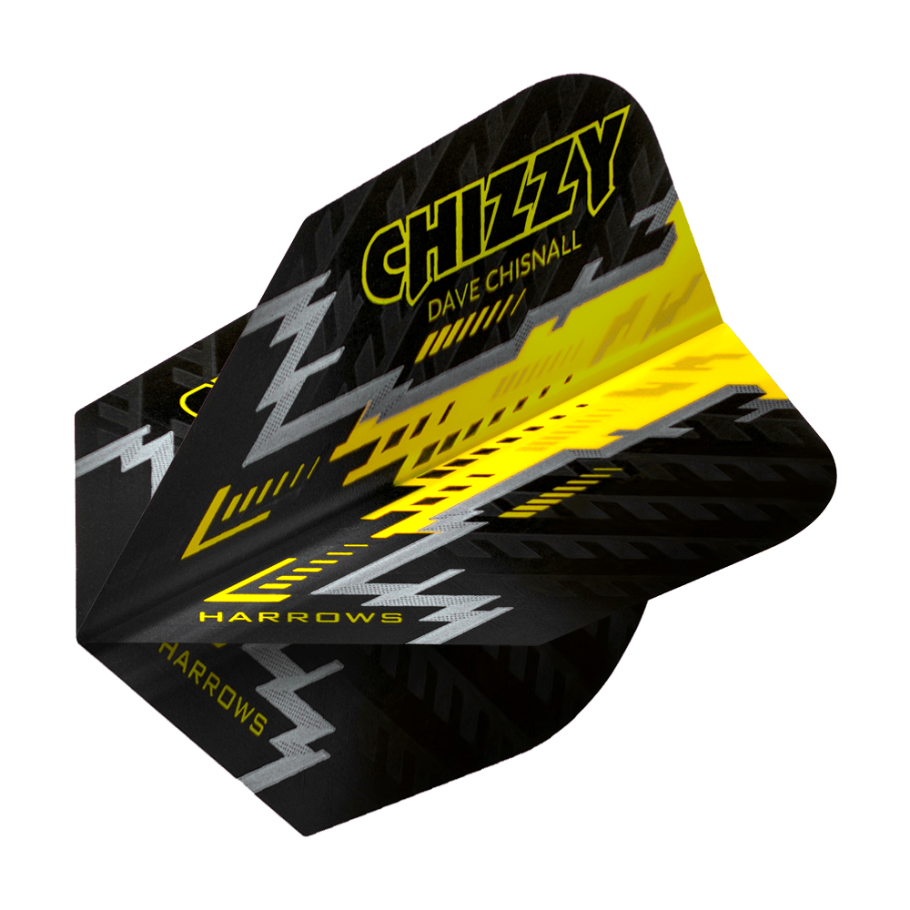 HR7532_Harrows_Dave_Chisnall_Prime_Schwarz_Gelb_No6_Flights_2 Das Bild zeigt ein Dartflight mit schwarzem, gelbem und silbernem Design. Auf dem Flight steht "Chizzy Dave Chisnall" sowie "Harrows".