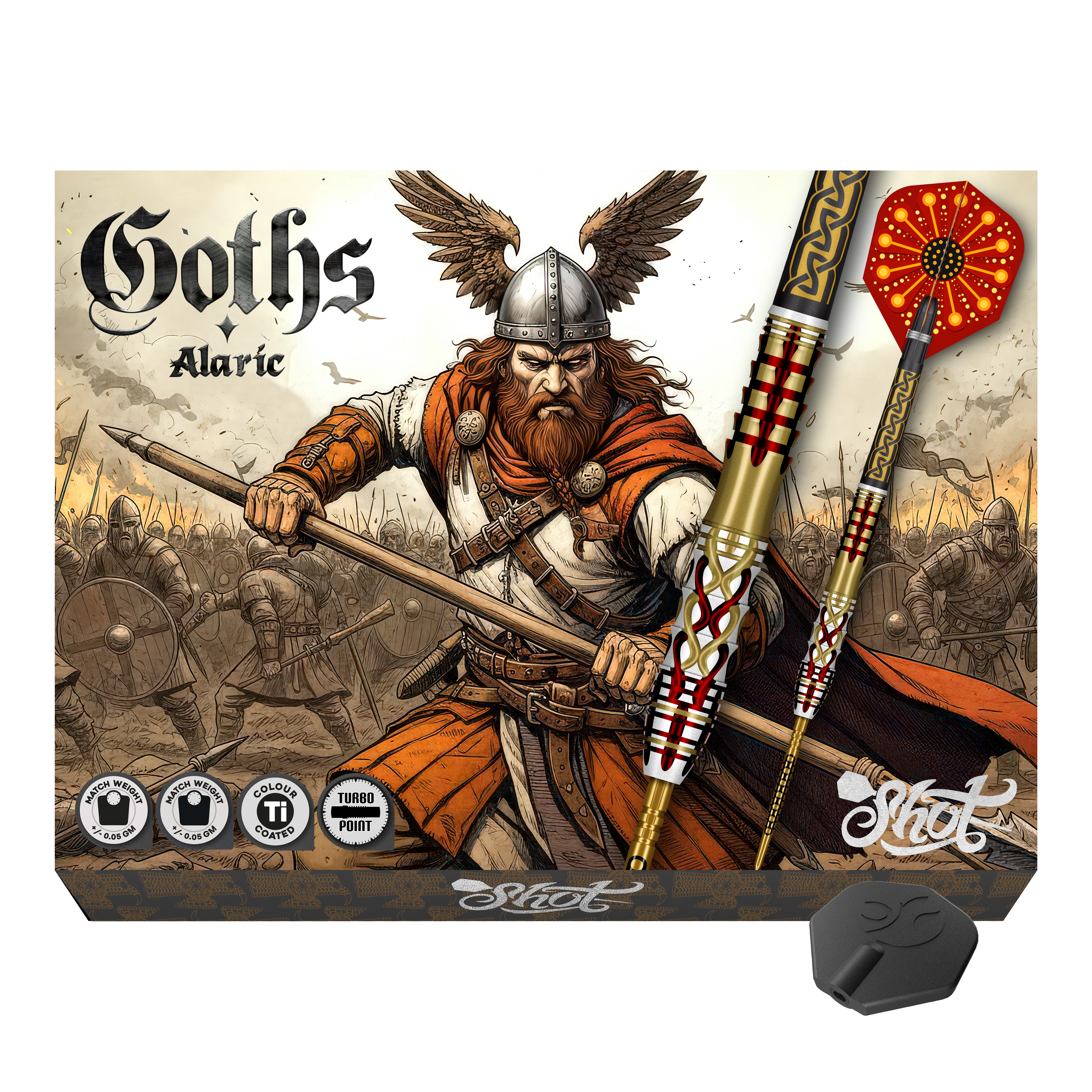 Shot Goths Alaric Turbo Point Steel Darts - 23g Hier sieht man die Shot Goths Alaric Turbo Point Steeldarts - 23g. Sie sind ideal für Präzision und Kontrolle.