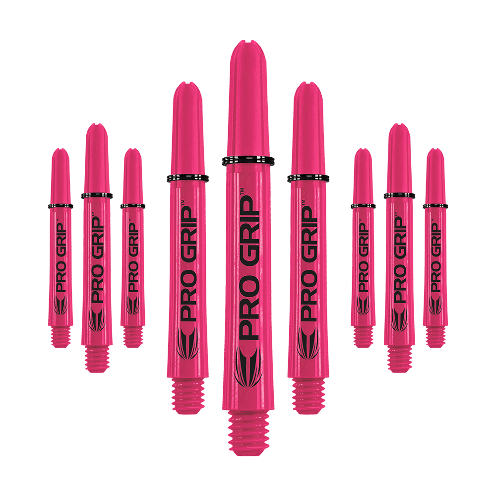 Target Pro Grip Shafts - 3 Sets - Pink Das Bild zeigt neun pinke Dartshafts mit der Aufschrift "PRO GRIP". Die Shafts sind in drei Reihen angeordnet und heben sich deutlich vor dem weißen Hintergrund ab.