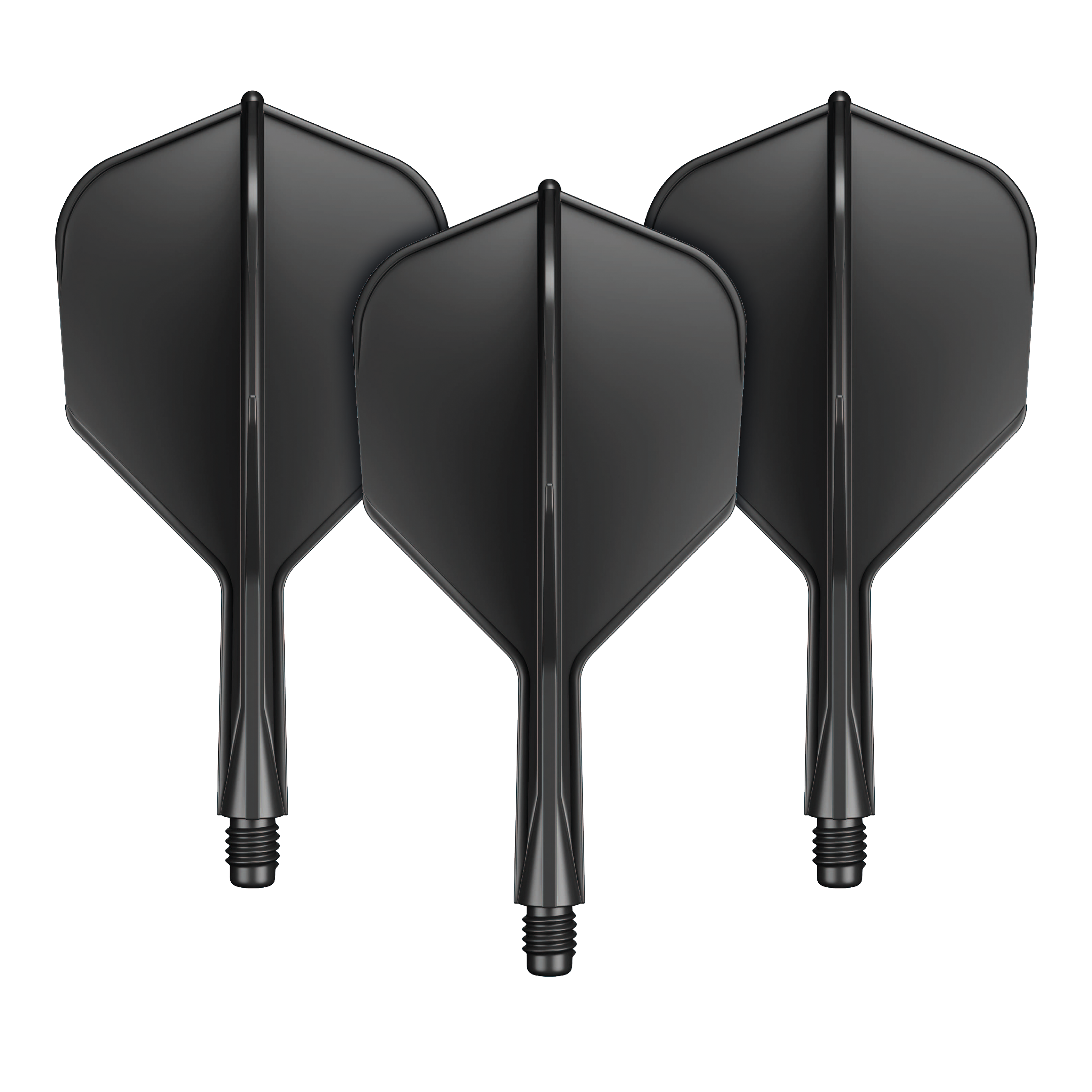 Das Bild zeigt drei schwarze Dart-Flights mit integriertem Shaft. Sie sind nebeneinander angeordnet und verfügen über einen kurzen Schaft mit Schraubgewinde.