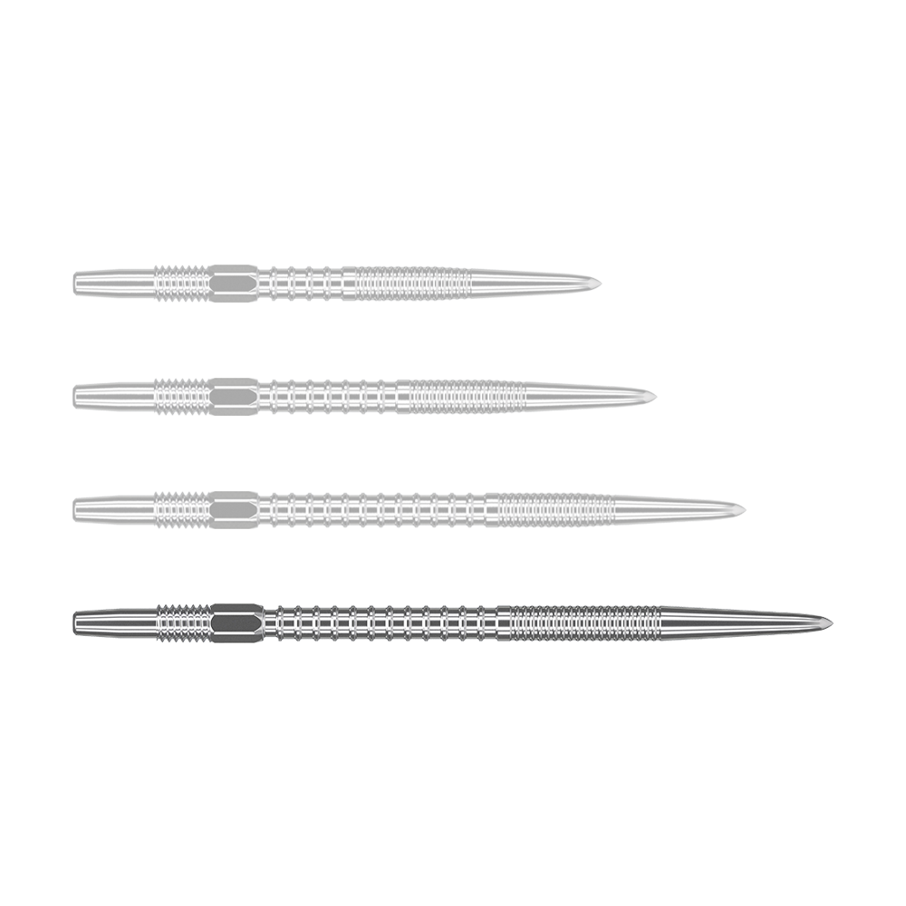 Target Swiss Firepoint Silver dart tips Das Bild zeigt vier silberne Dartspitzen, die nebeneinander liegen. Sie sind gleich lang und haben eine feine Riffelung für besseren Halt.