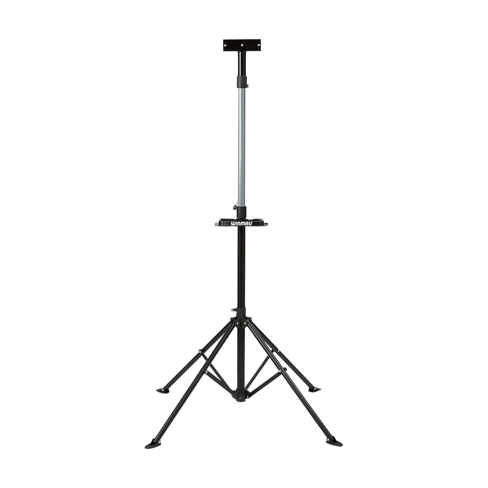 4020_Winmau_Xtreme_Dartboardst-nder_2 Das Bild zeigt den "Winmau Xtreme Dartboard Stand 2", einen stabilen Ständer für Dartboards. Der Ständer besteht aus einem Metallgestell mit vier ausklappbaren Beinen für festen Stand.