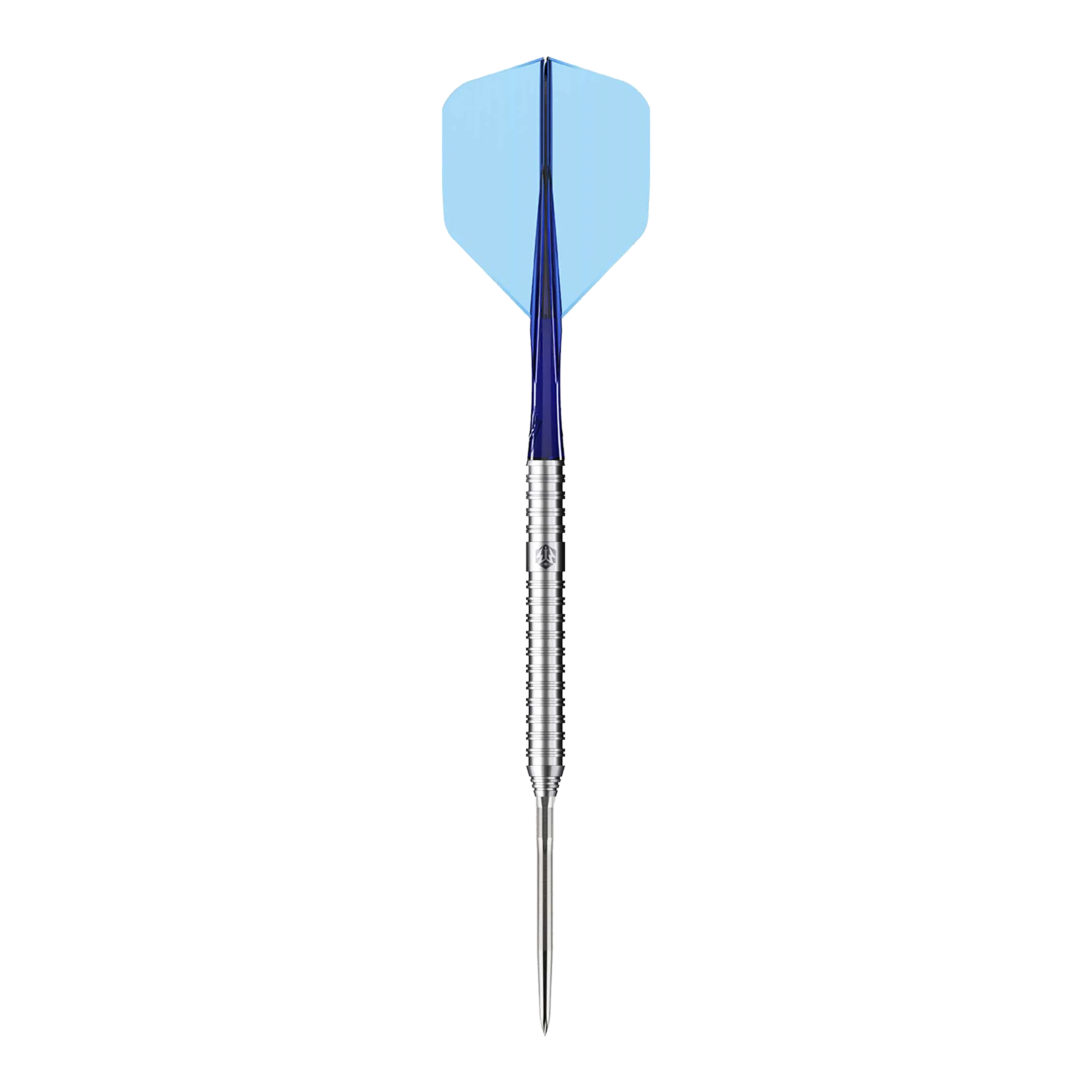 Caliburn Forge F3 steel darts - 22g Das Bild zeigt einen Caliburn Forge F3 Steeldart mit einem Gewicht von 22 Gramm. Der Dart hat einen silbernen Schaft, einen blauen Flight und eine spitze Metallspitze.