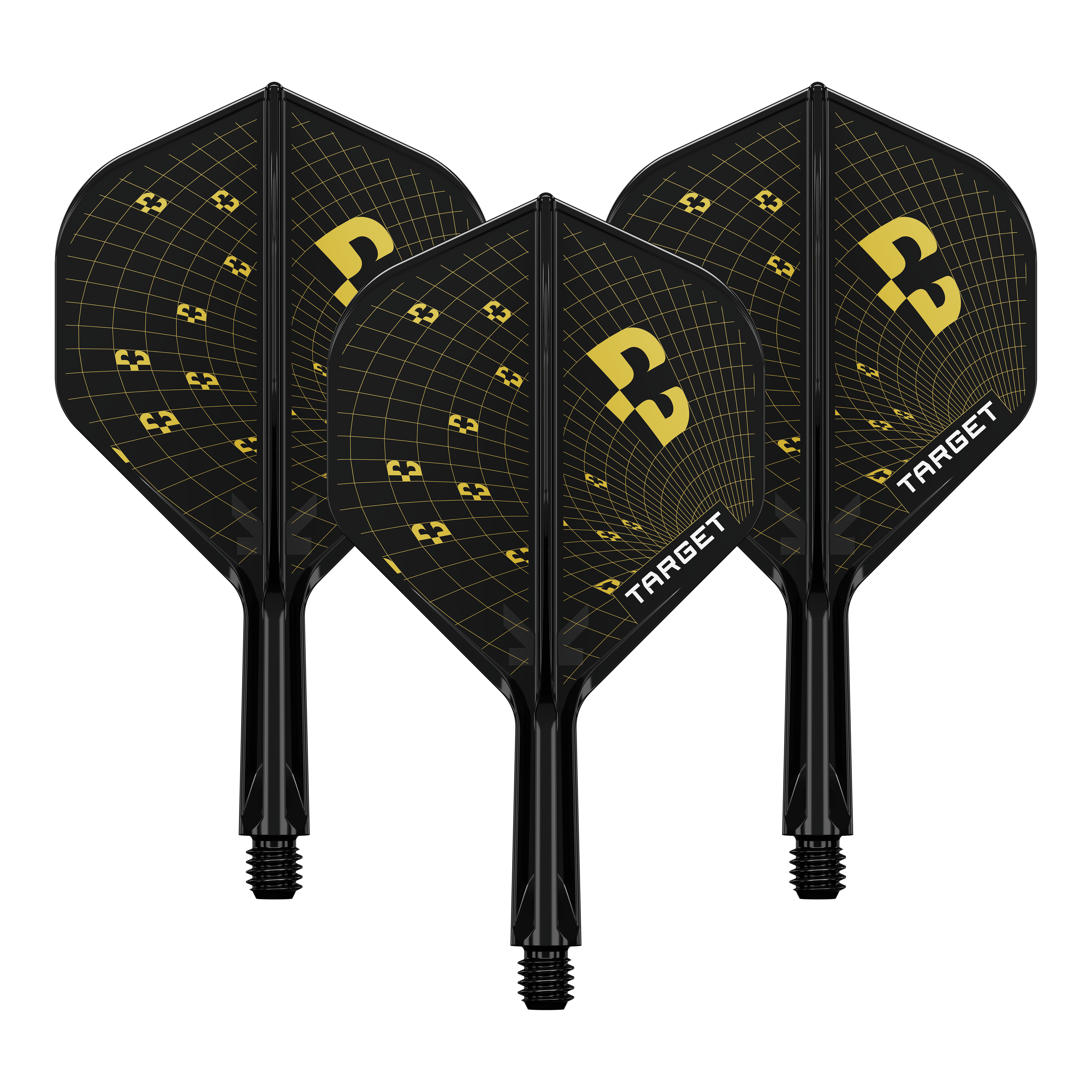 Abgebildet ist ein Set von Target K-Flex Bolide No2 Standard Flights mit einer Länge von 19mm. Das Produkt wird in einer Nahaufnahme gezeigt.