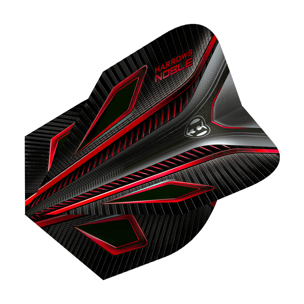 HR6_Harrows_Noble_Red_Standard_Flights_2 Das Bild zeigt die Harrows Noble Red Standard Flights für Darts. Sie sind überwiegend schwarz mit roten und silbernen Akzenten sowie einem modernen Design.