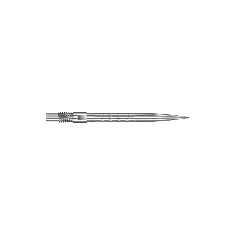 Das Bild zeigt Harrows Quick Point Heavy Metal Grip Dartspitzen in Silber mit einer Länge von 26mm. Die Aufnahme präsentiert das zweite Stück der Serie.