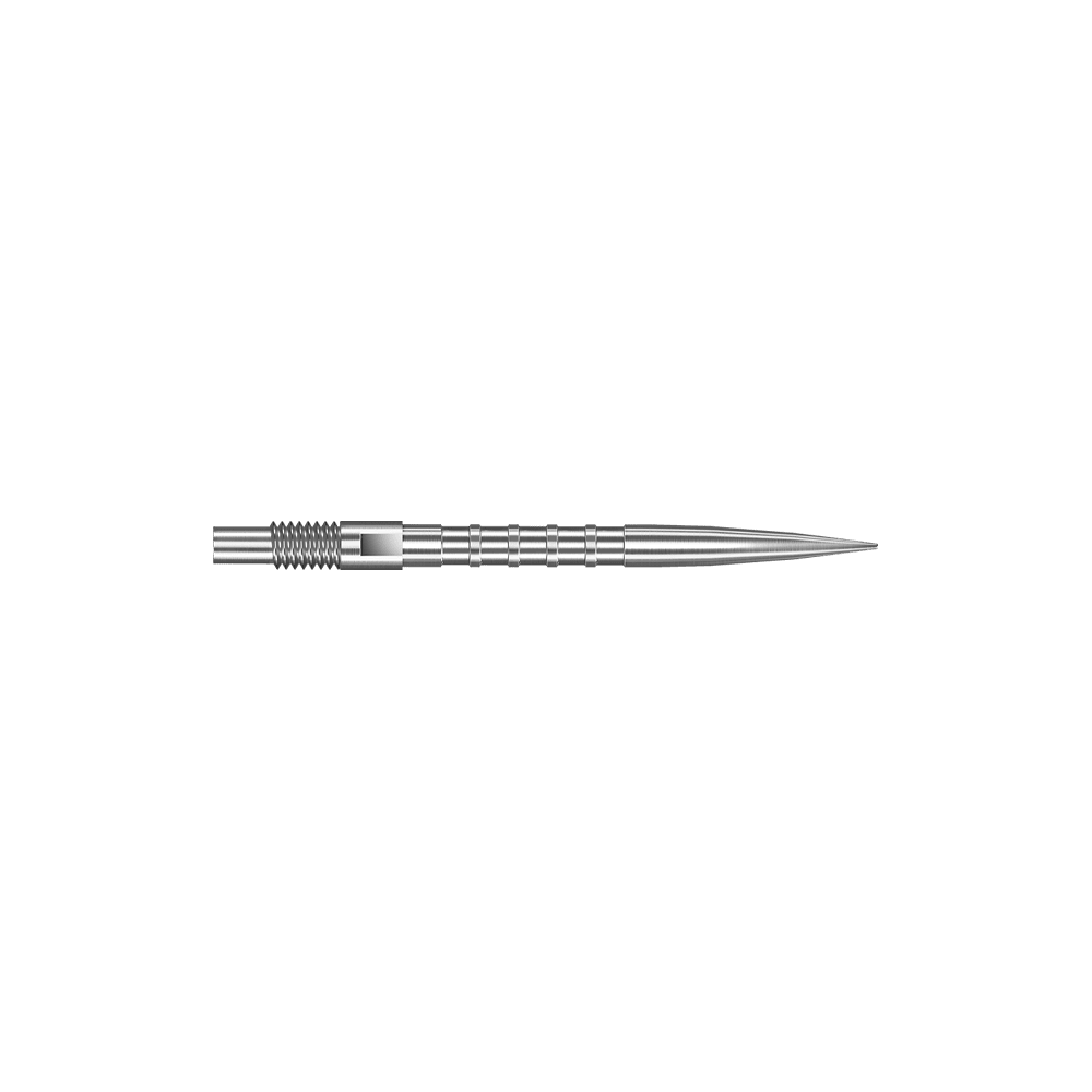 Harrows Quick Point Heavy Metal Dart Tips - Silver Das Bild zeigt Harrows Quick Point Heavy Metal Grip Dartspitzen in Silber mit einer Länge von 26mm. Die Aufnahme präsentiert das zweite Stück der Serie.