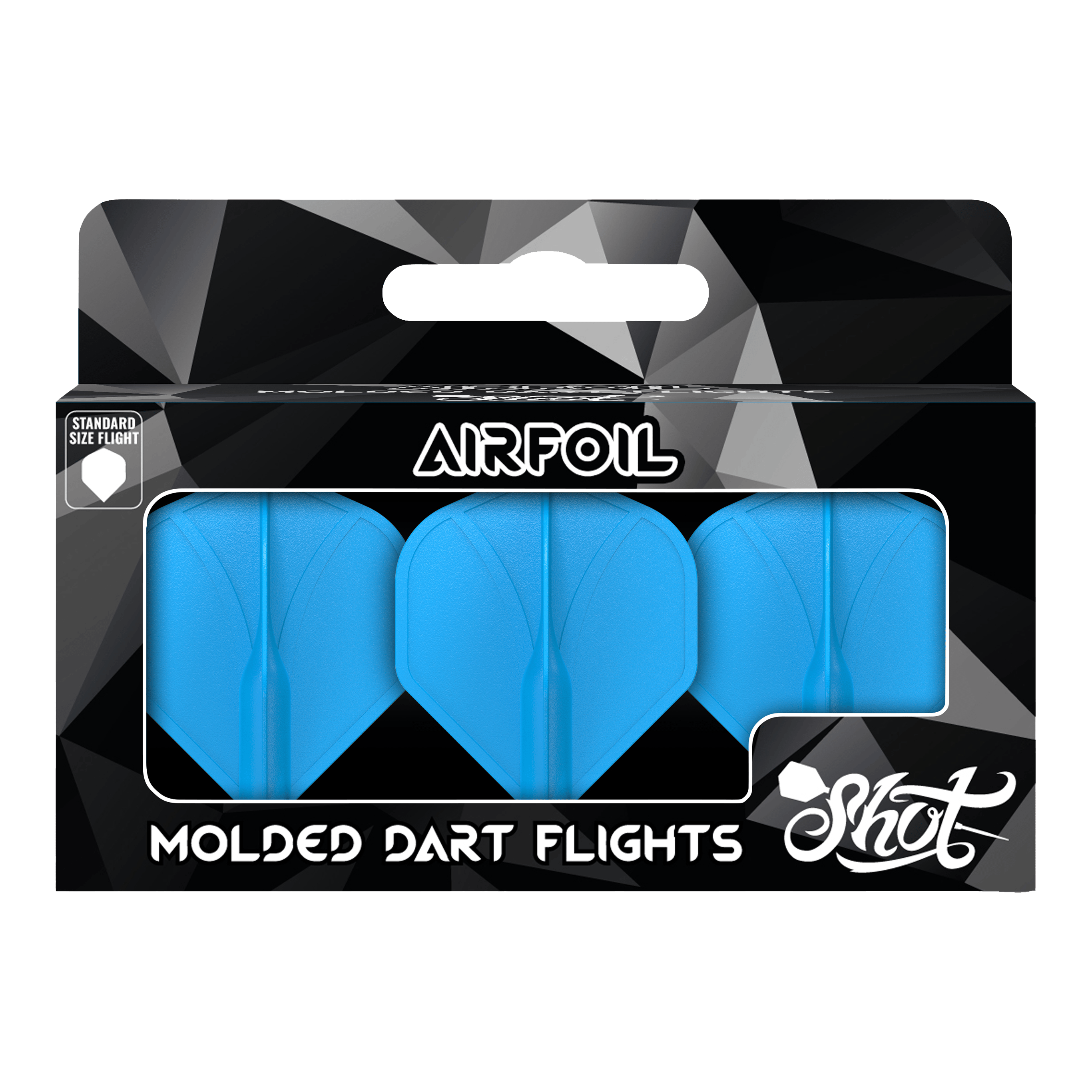 Shot Airfoil Molded No2 Standard Flights Das Bild zeigt eine Packung mit drei blauen, geformten Dart-Flights der Marke Shot. Auf der Verpackung steht "Airfoil" und "Molded Dart Flights".