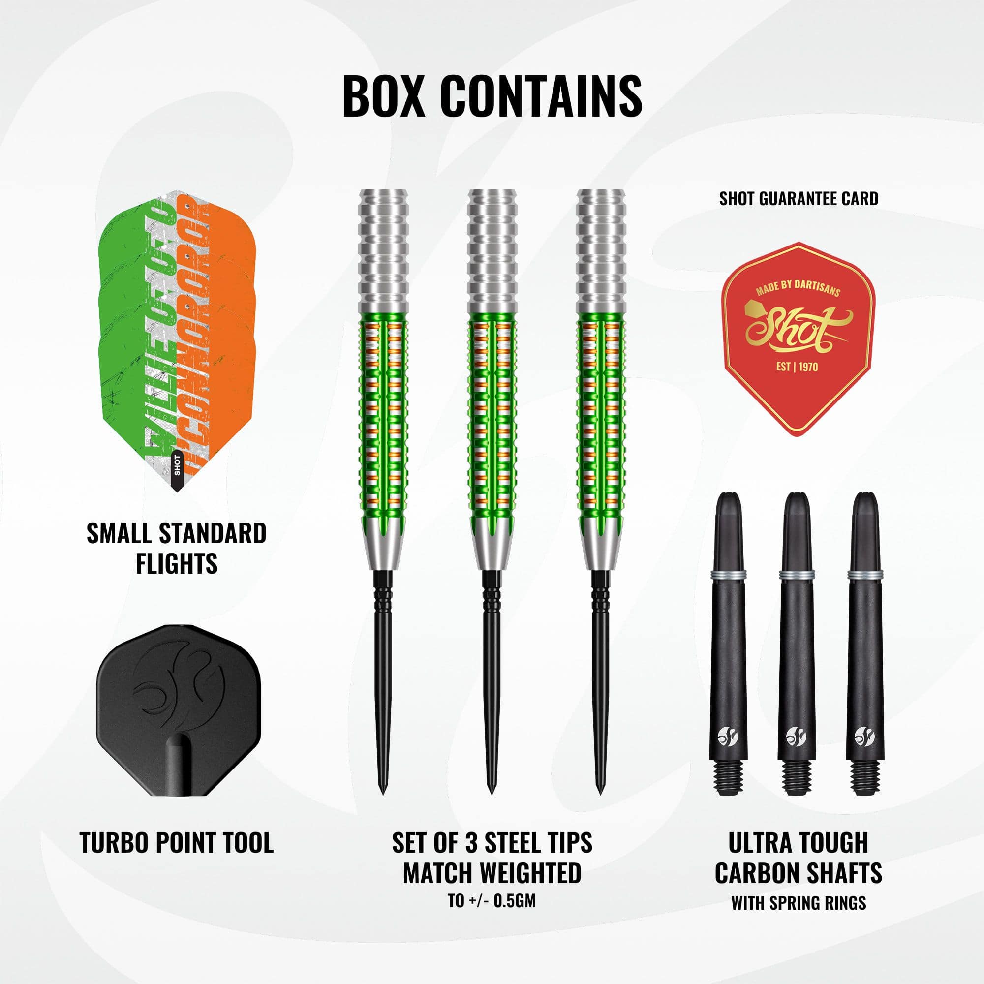 Shot Pro Series Willie O'Connor Turbo Point Steeldarts sind Dartpfeile mit auffallendem Griffmuster. Das Set liegt nebeneinander.