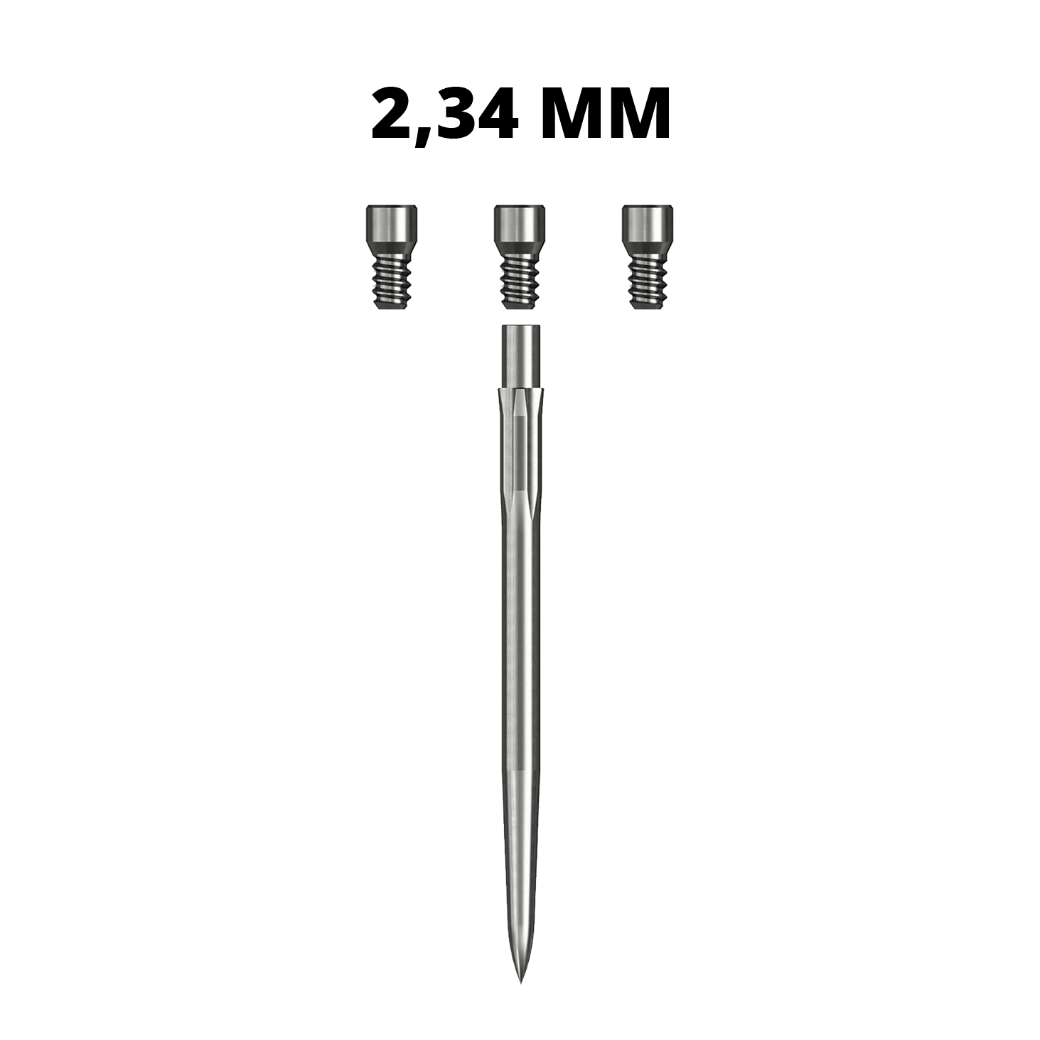 Ein silbernes Caliburn Evo System Steeldartspitze Spigot mit einer Länge von 23,4 mm ist abgebildet. Die Dartspitze liegt auf weißem Hintergrund.