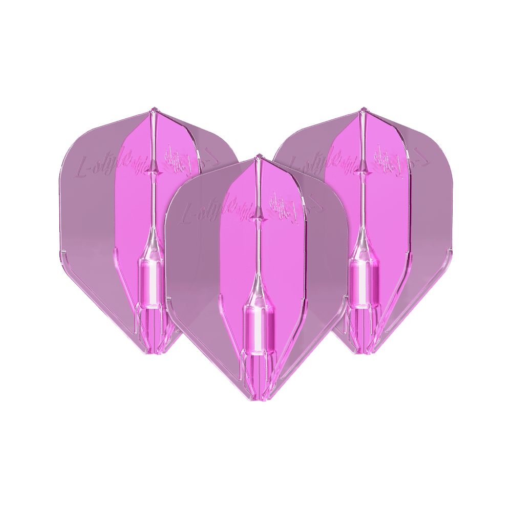 L-Style Fantom L3EZ Flights Clear Pink Das Bild zeigt drei klare, pinke Dartflights des Modells "L-Style Fantom L3EZ". Die Flights sind transparent und haben eine leuchtend pinke Farbe.