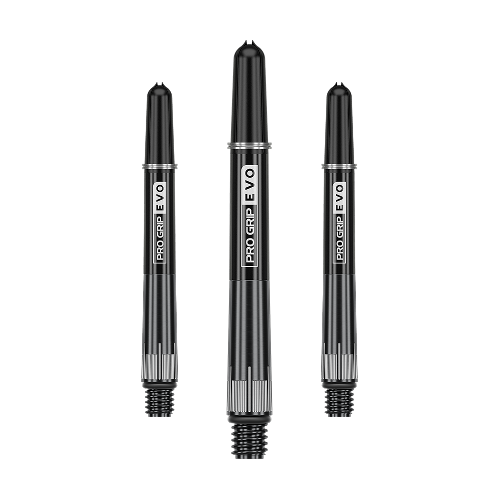 Auf dem Bild sind drei schwarze Dartschäfte mit der Aufschrift "PRO GRIP EVO" zu sehen. Sie sind aus Metall gefertigt und haben ein schraubbares Ende.